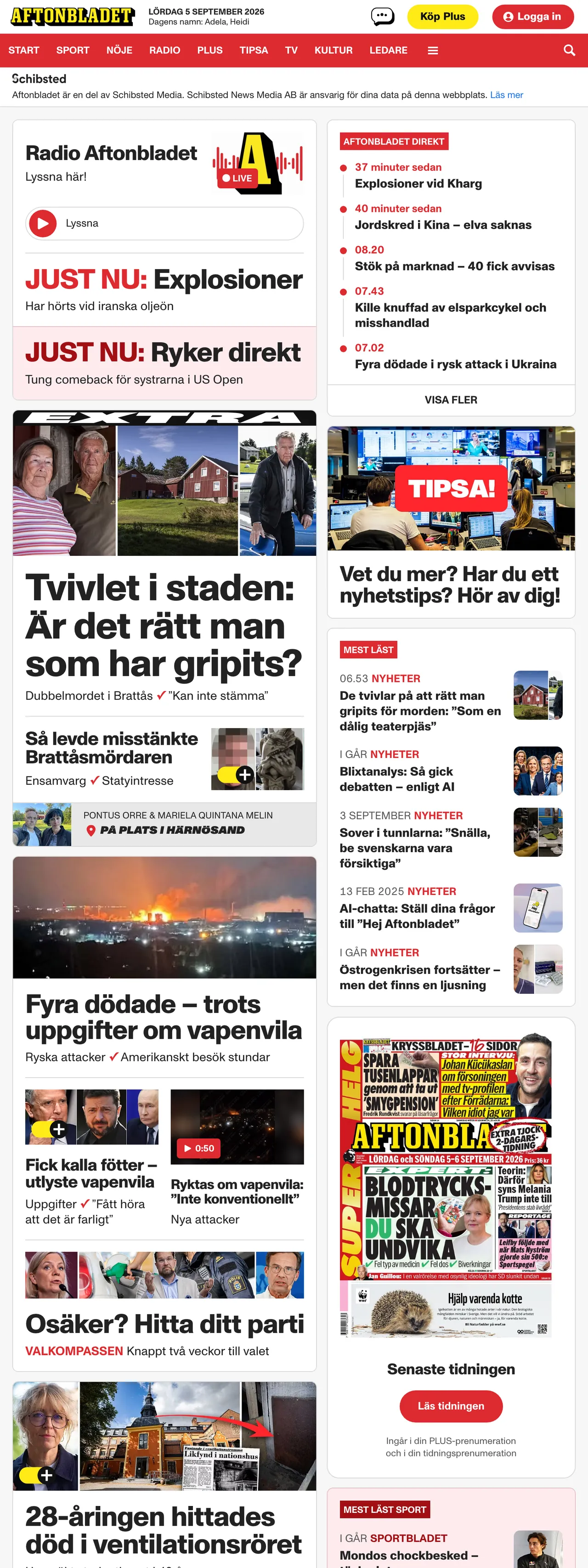 Screenshot of the Aftonbladet front page