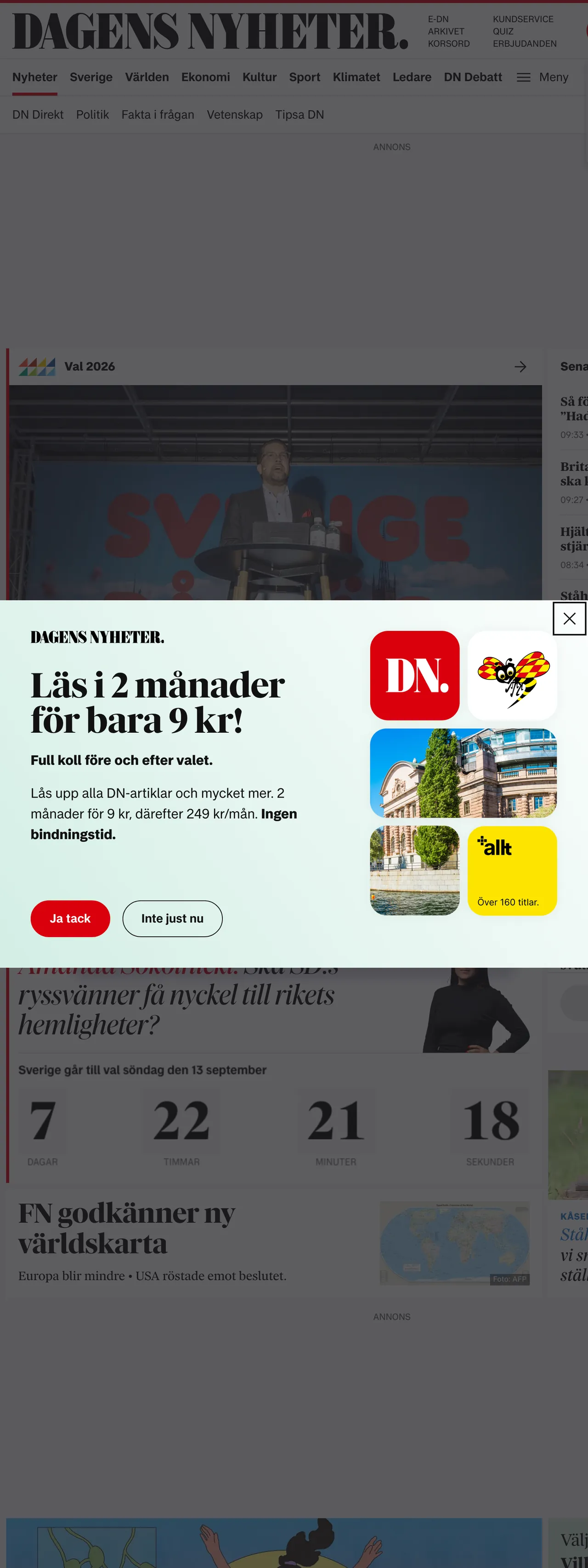 Screenshot of the Dagens Nyheter front page