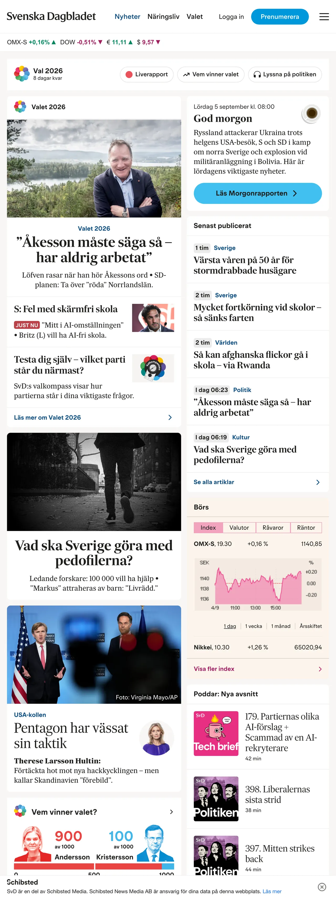 Screenshot of the Svenska Dagbladet front page