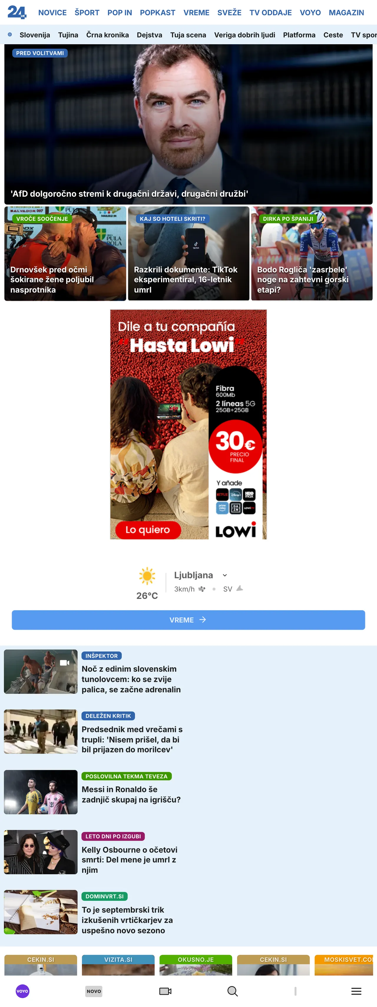 Screenshot of the 24ur front page