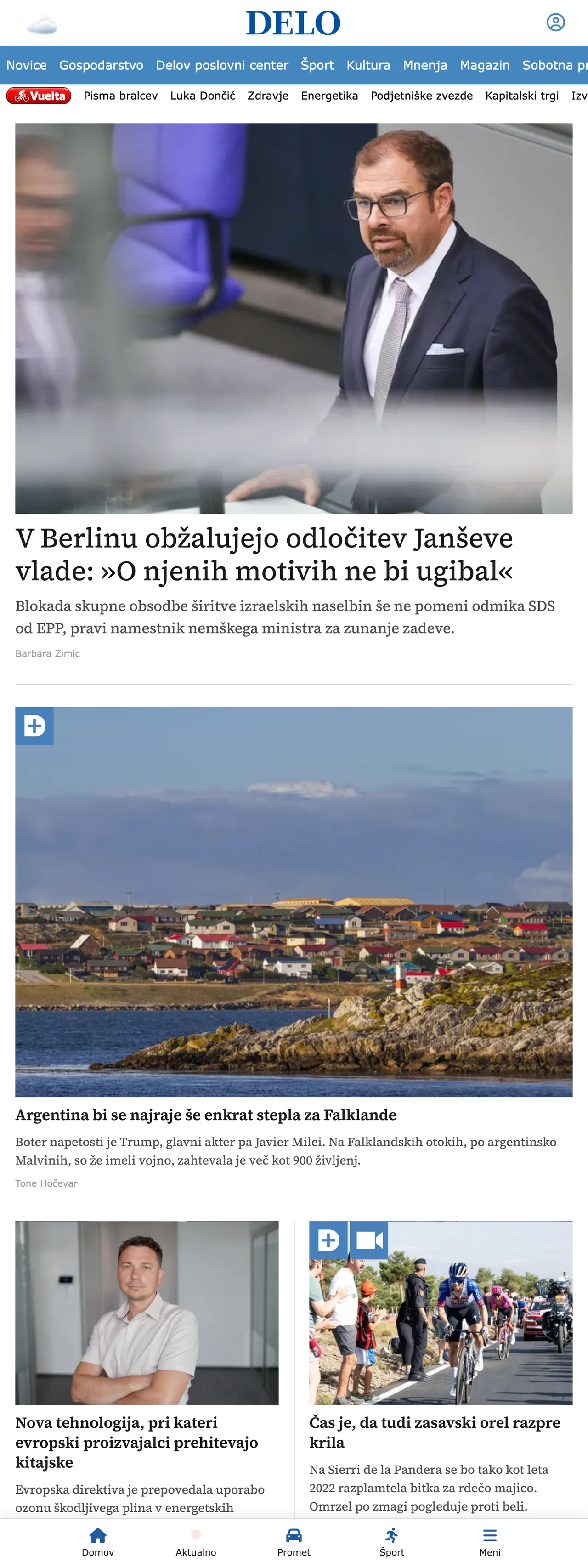 Screenshot of the Delo front page