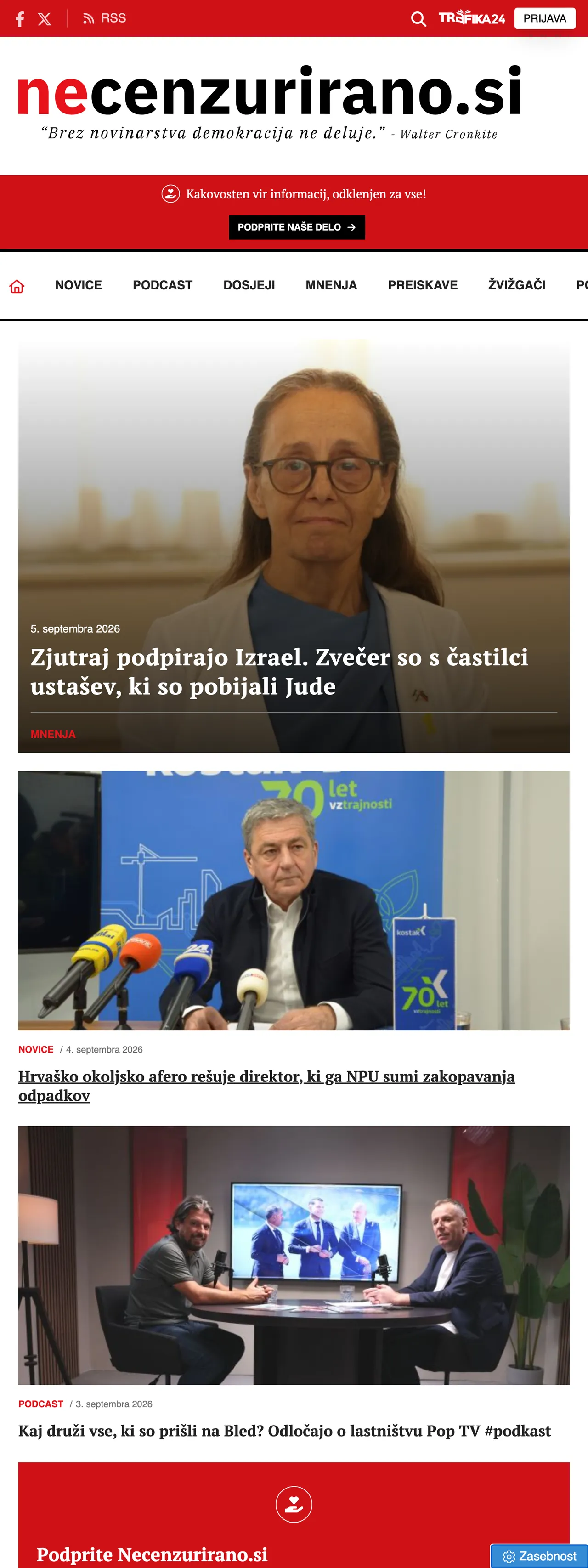 Screenshot of the Necenzurirano front page