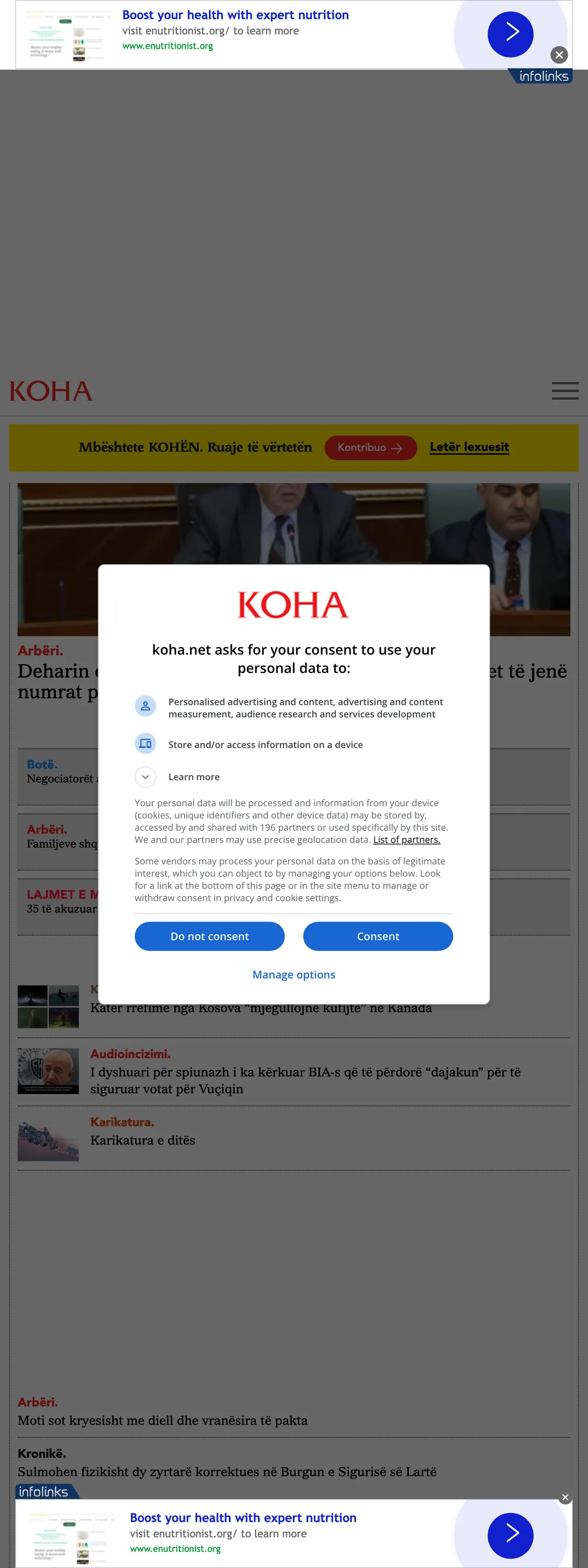 Screenshot of the Koha Ditore front page