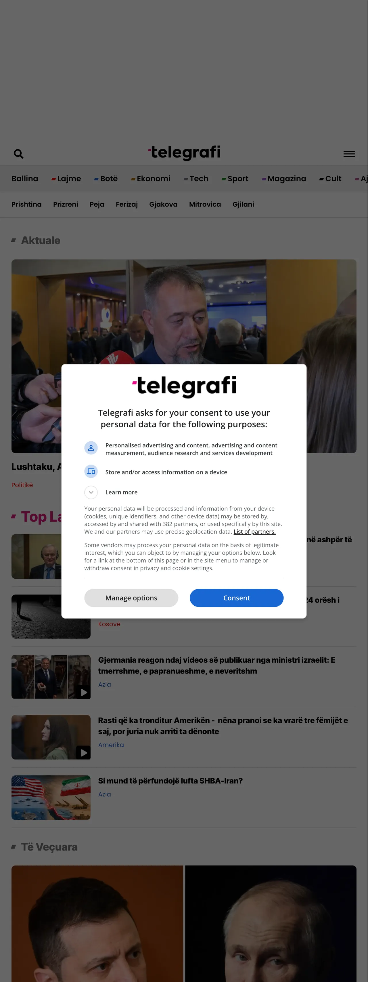 Screenshot of the Telegrafi front page