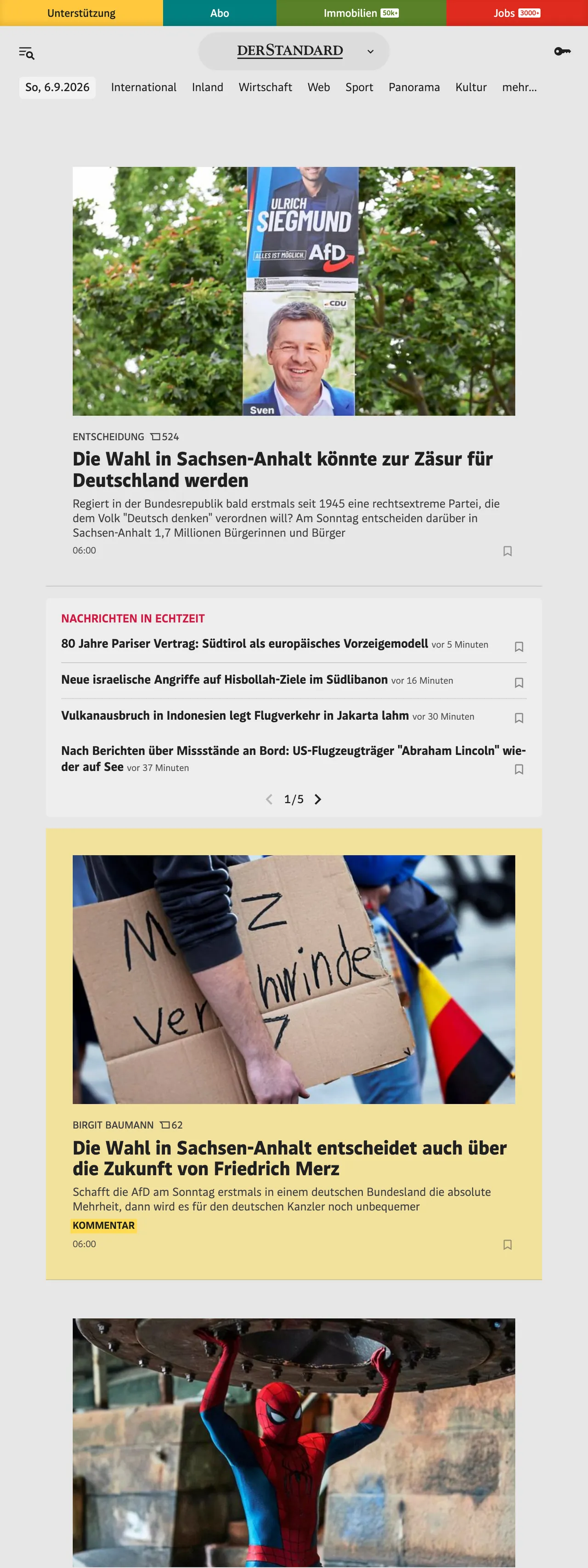 Screenshot of the DER STANDARD front page