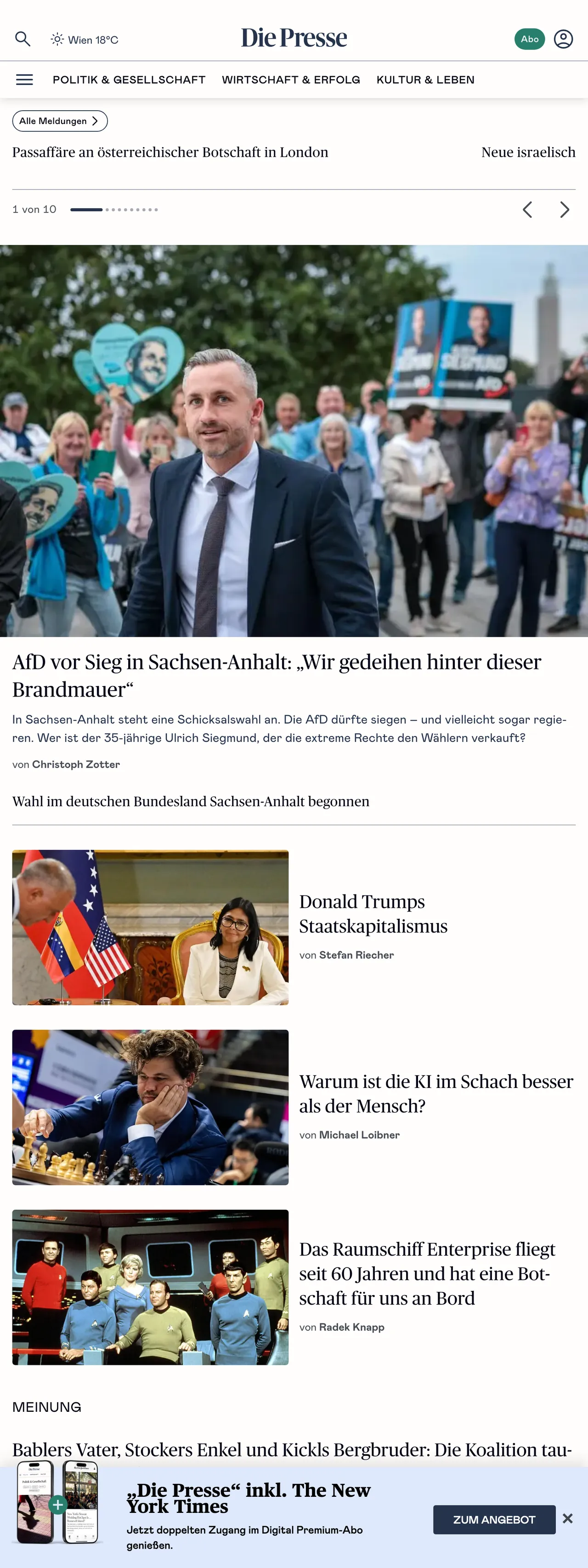 Screenshot of the Die Presse front page