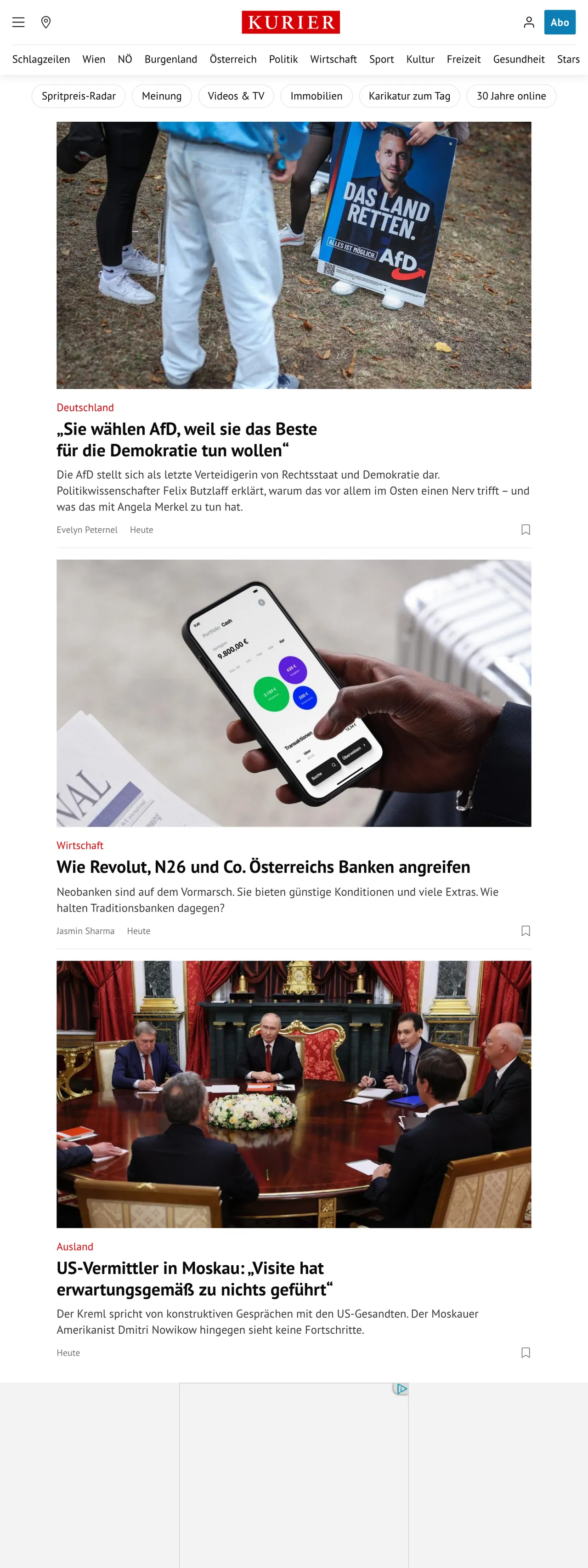 Screenshot of the Kurier front page