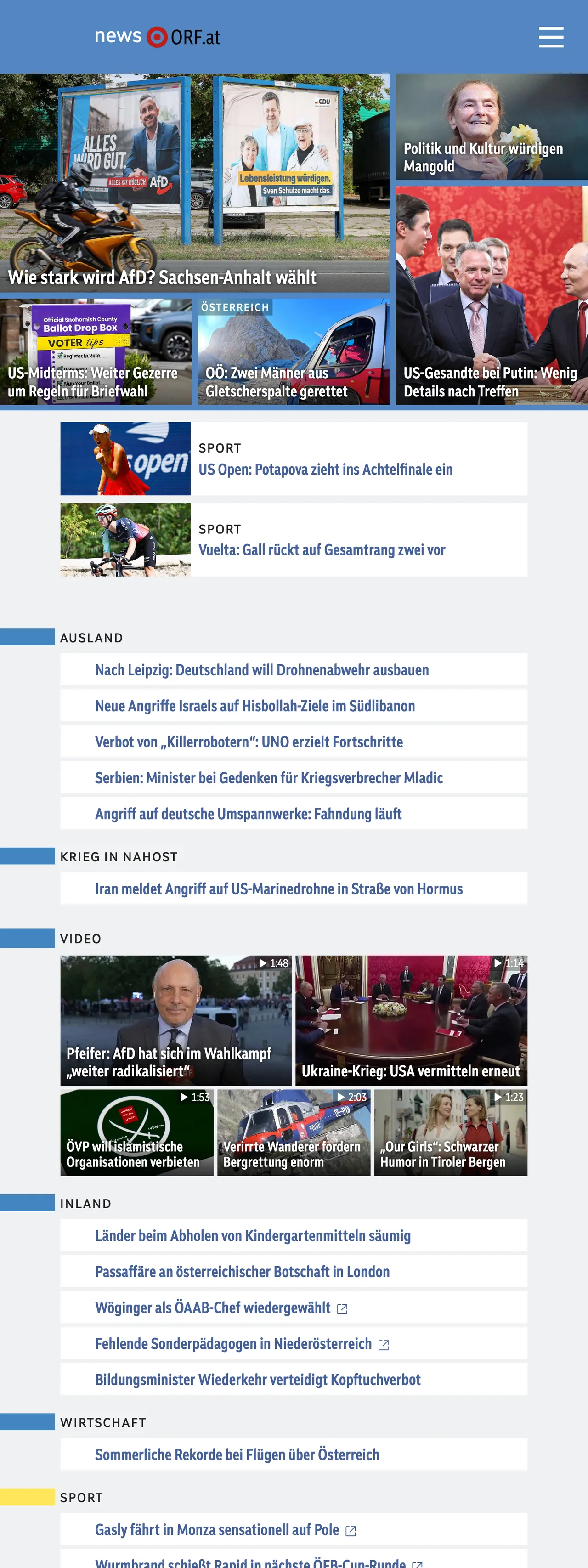 Screenshot of the ORF front page