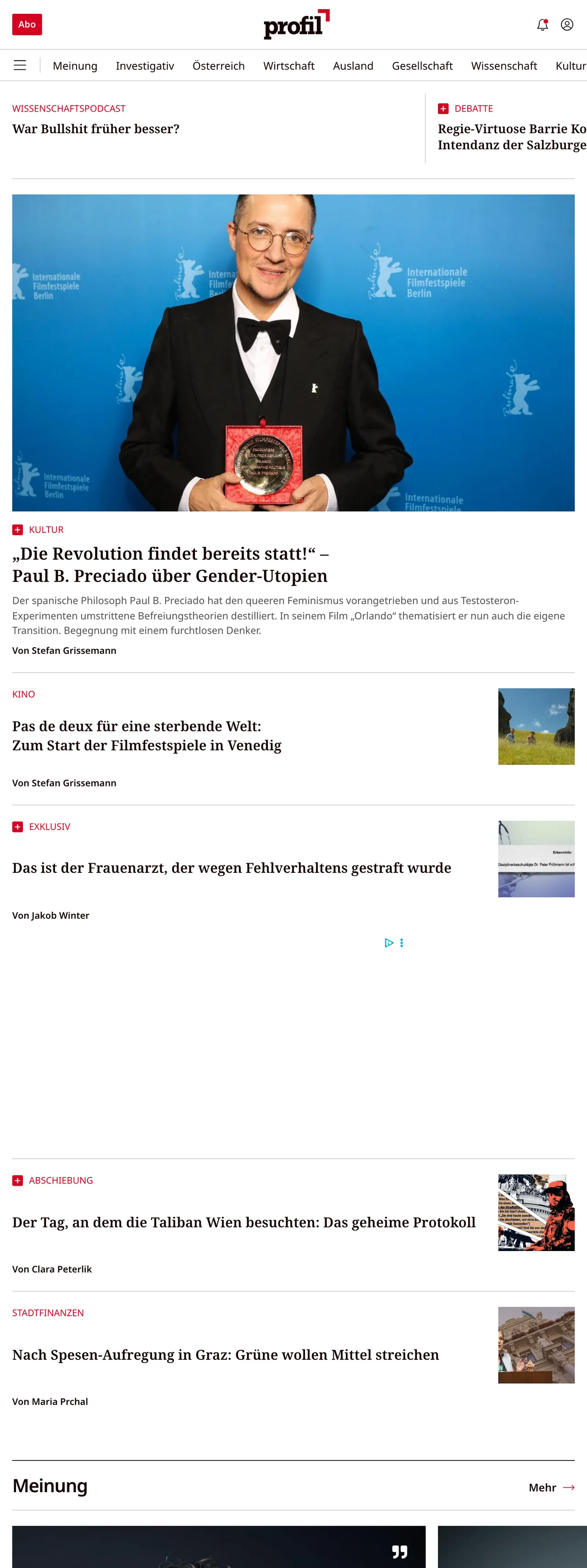 Screenshot of the profil front page