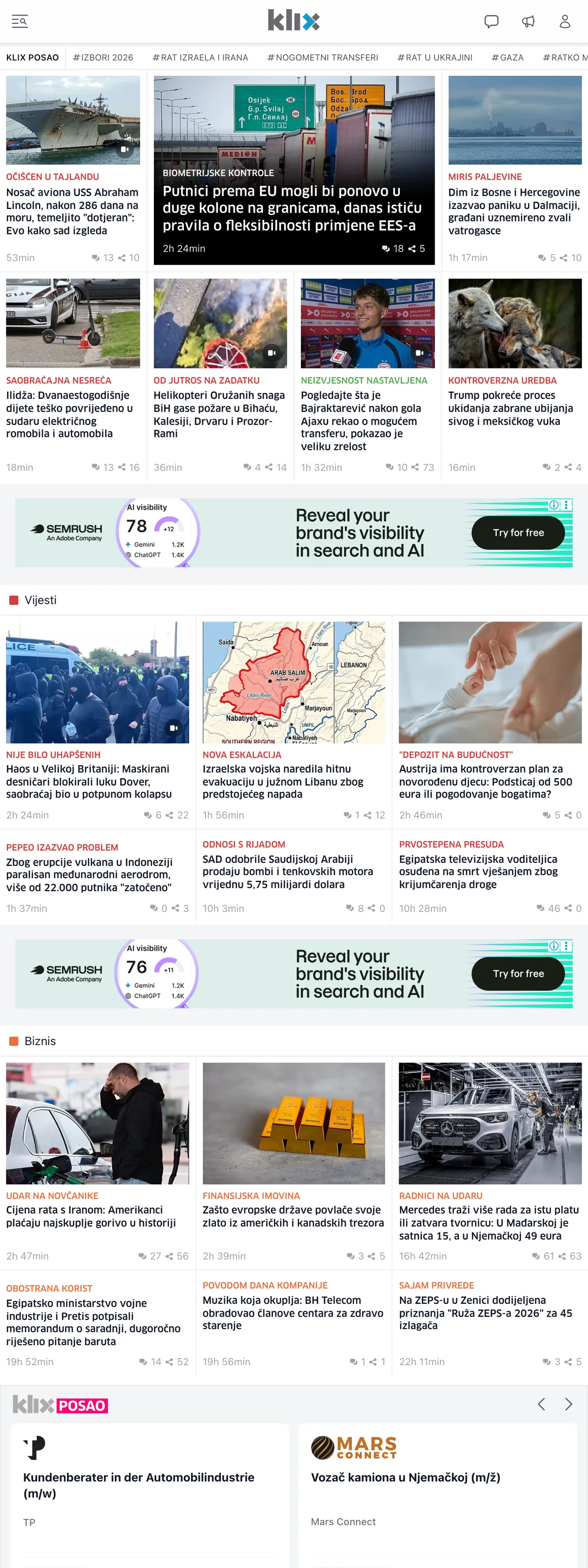 Screenshot of the Klix.ba front page