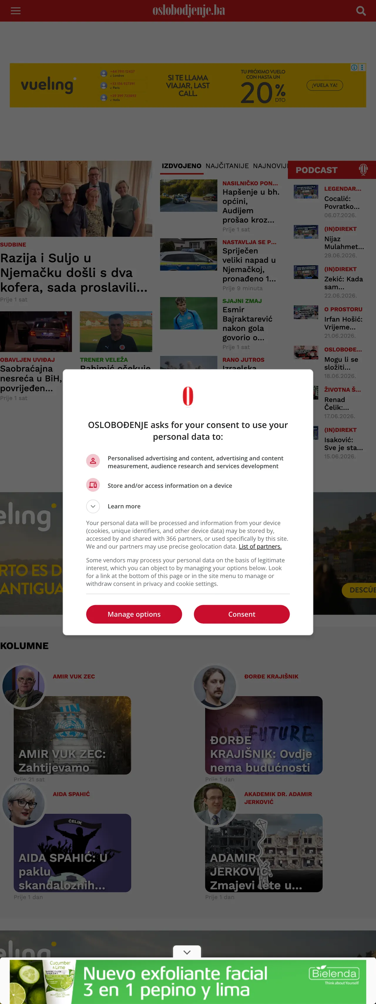 Screenshot of the Oslobođenje front page