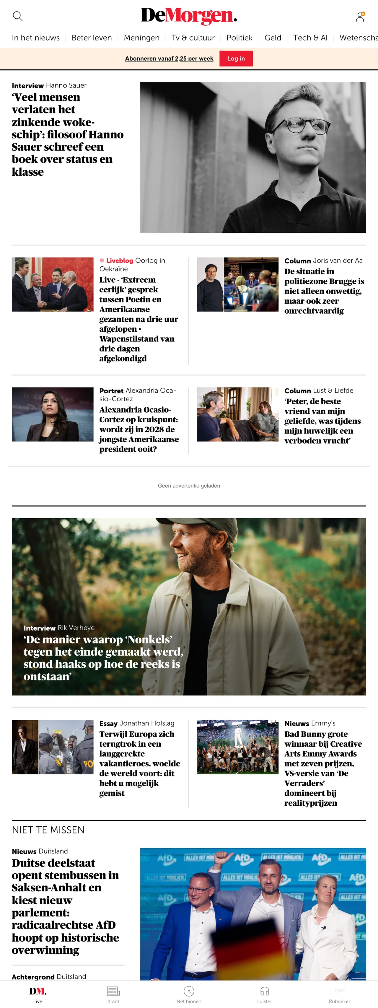 Screenshot of the De Morgen front page