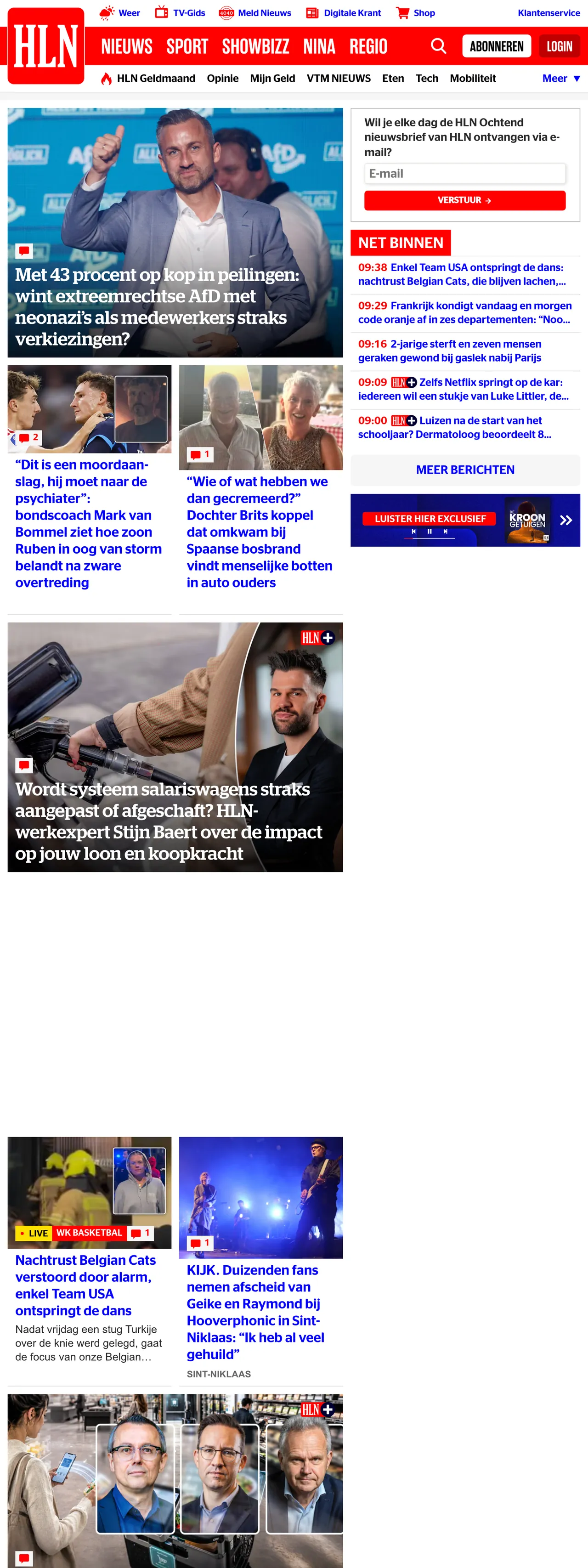 Screenshot of the HLN front page