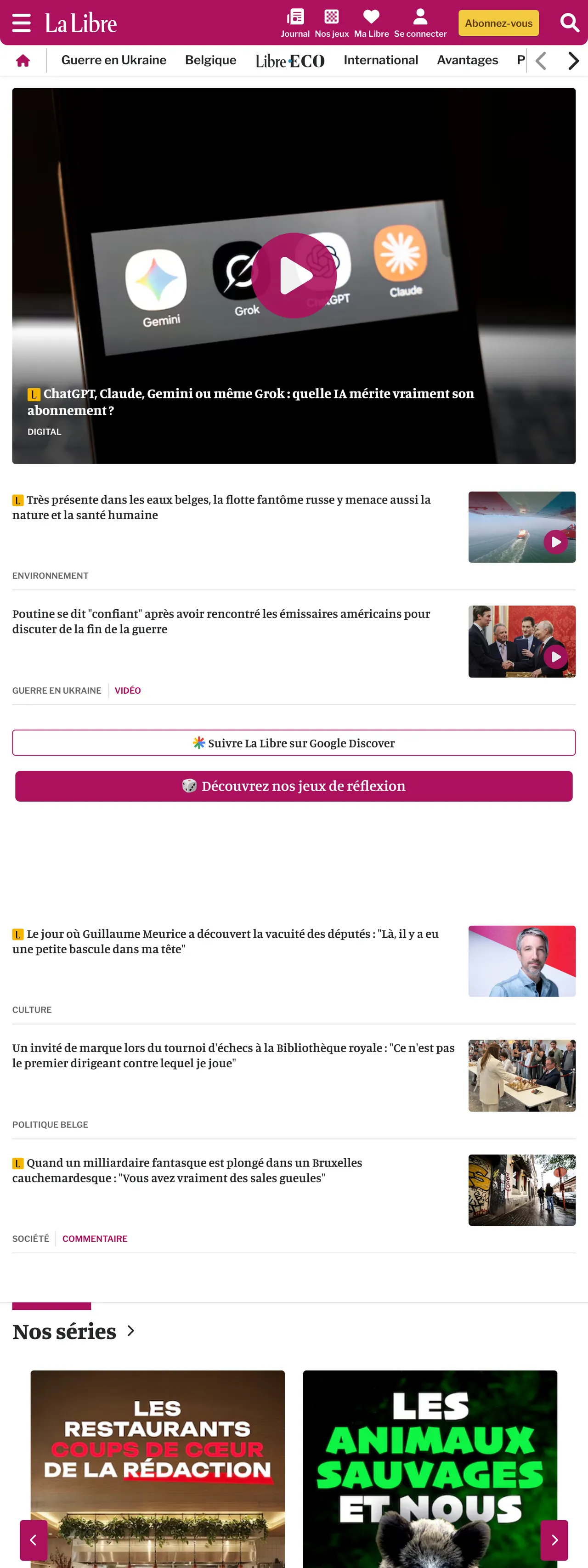 Screenshot of the La Libre front page