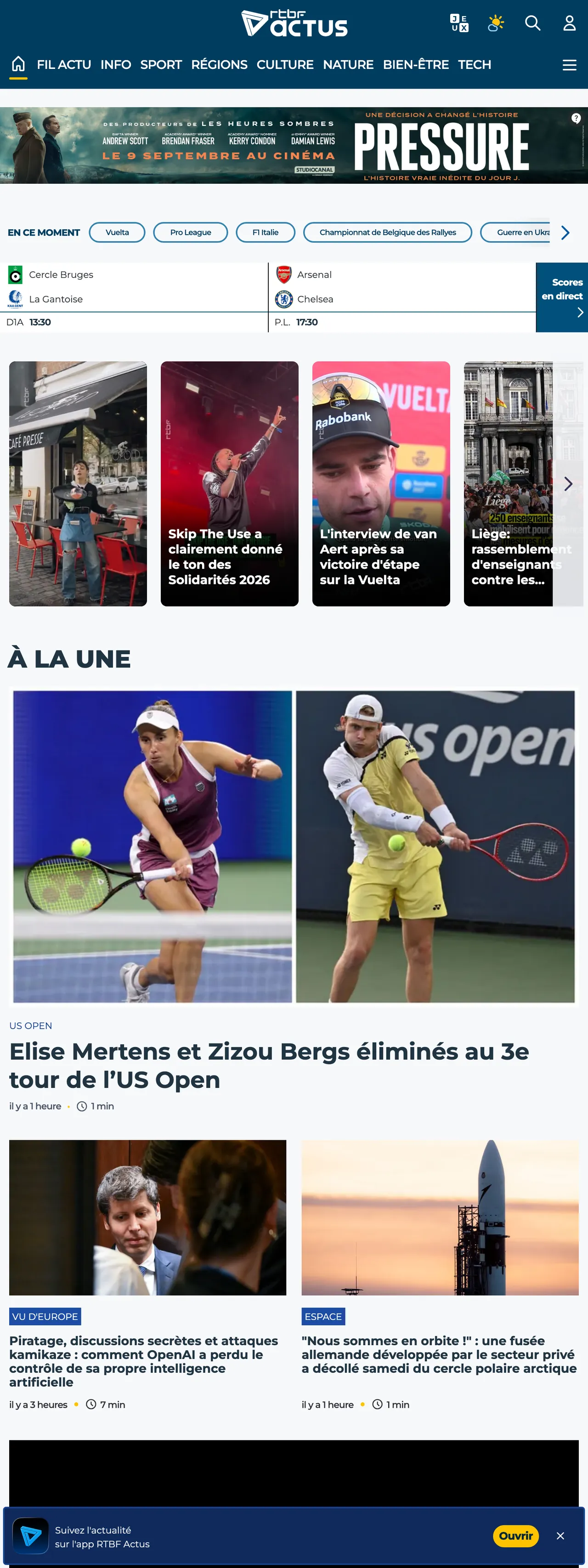 Screenshot of the RTBF front page