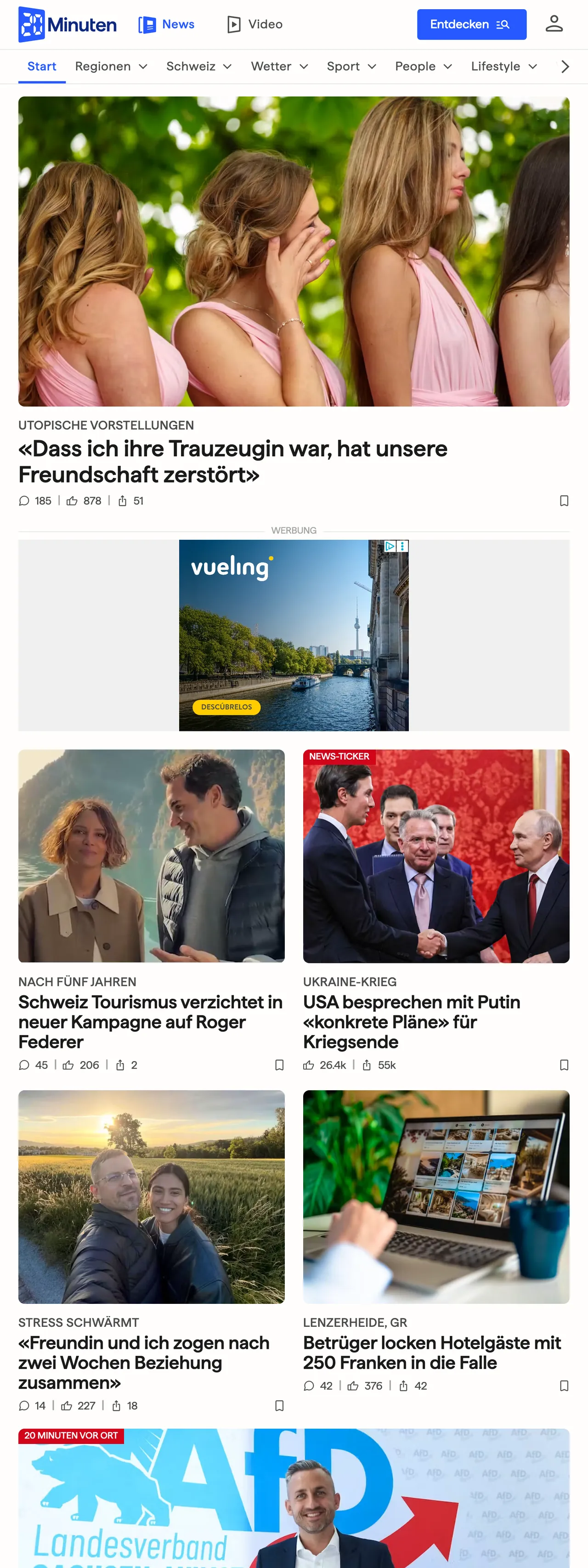 Screenshot of the 20 Minuten front page