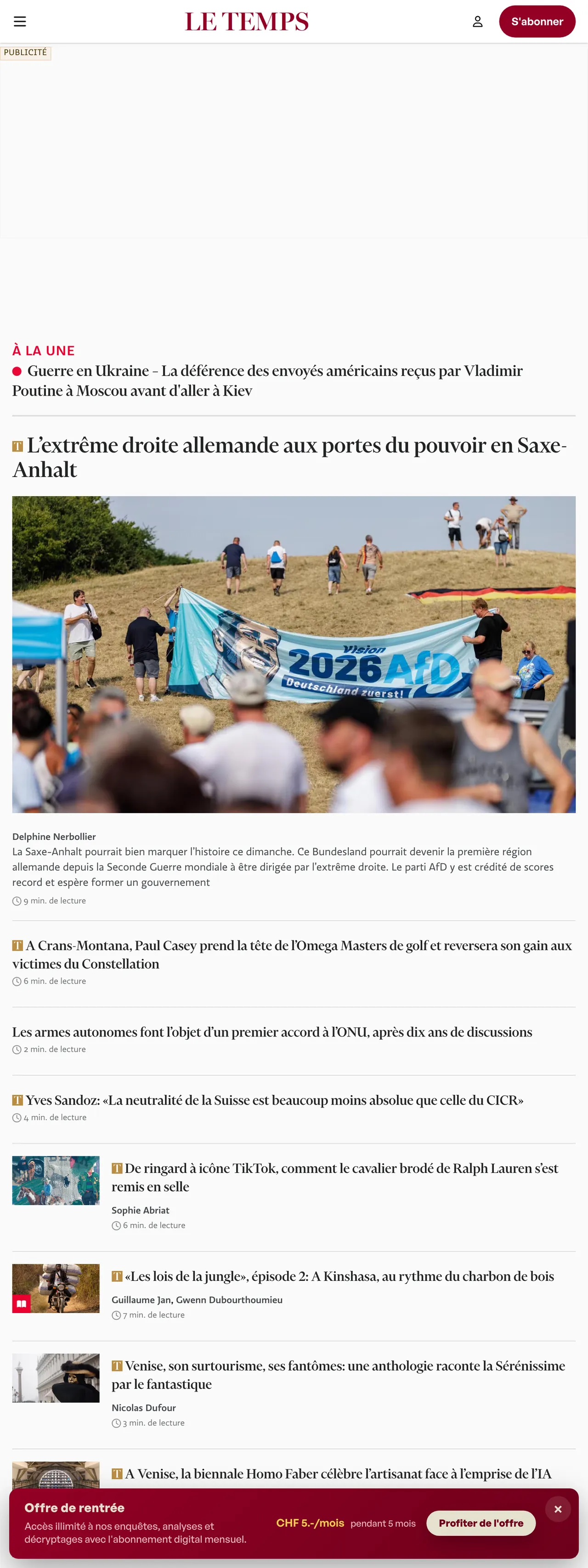 Screenshot of the Le Temps front page