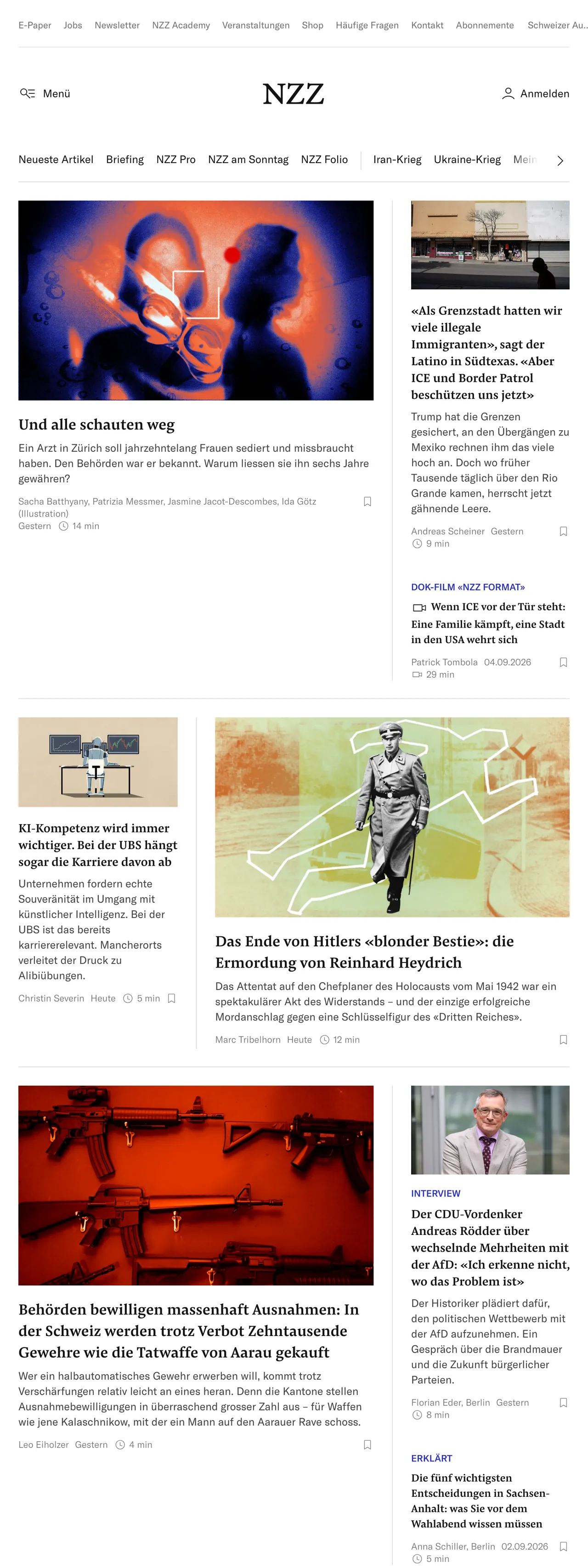 Screenshot of the Neue Zürcher Zeitung front page