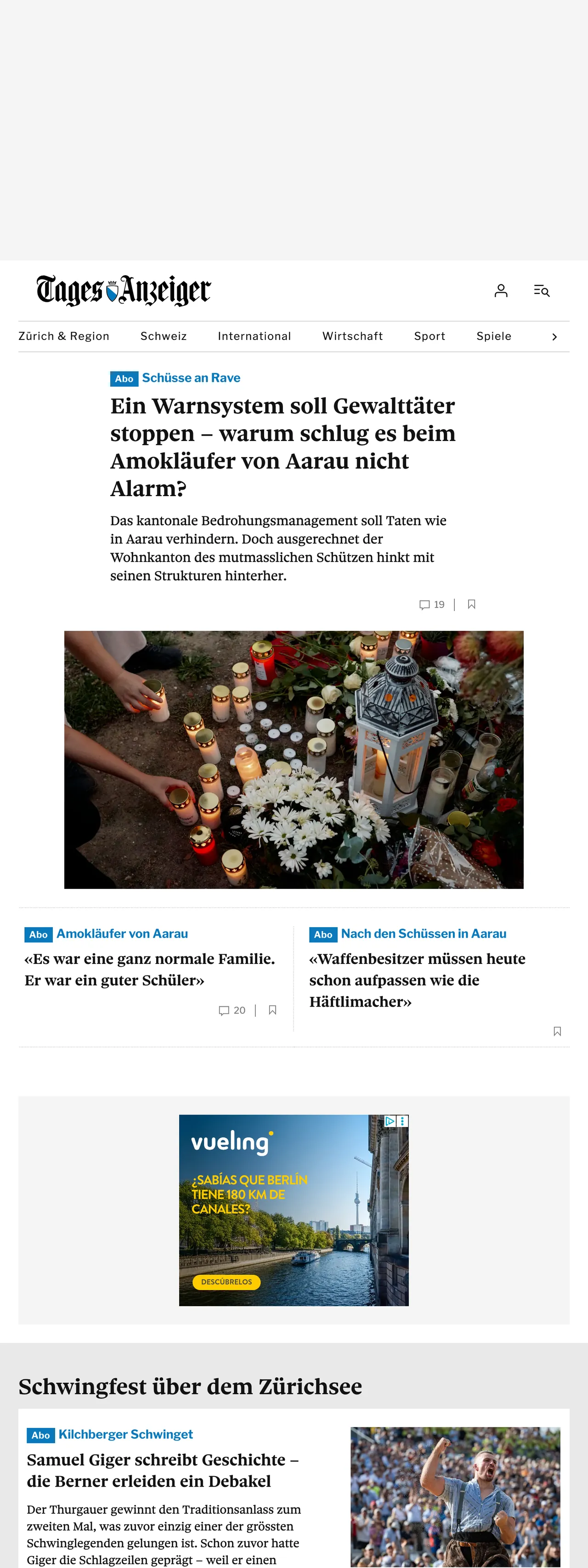 Screenshot of the Tages-Anzeiger front page