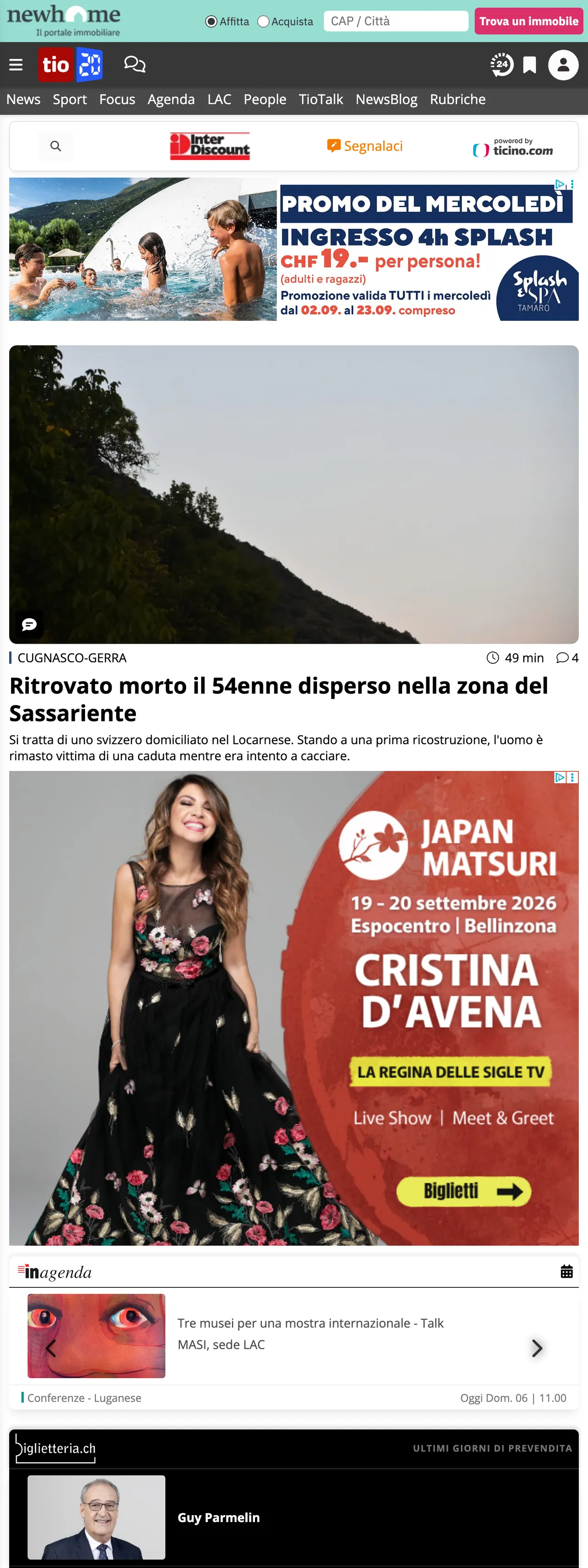Screenshot of the Ticinonline front page