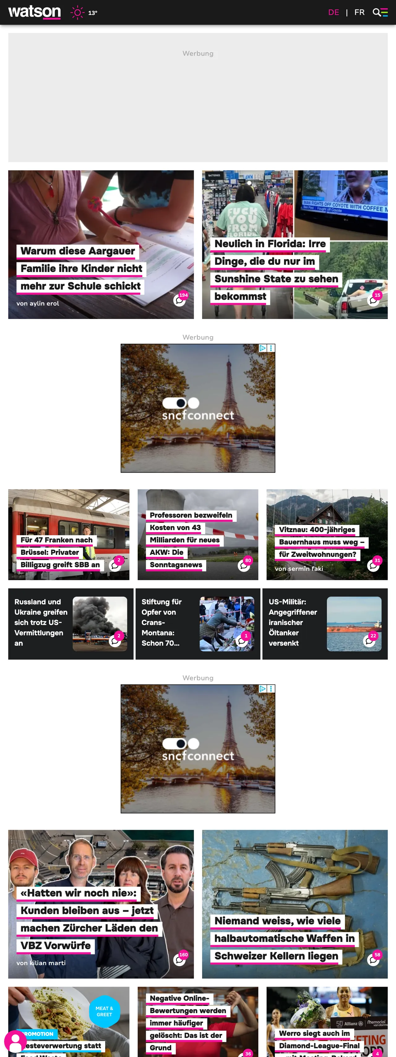 Screenshot of the watson front page