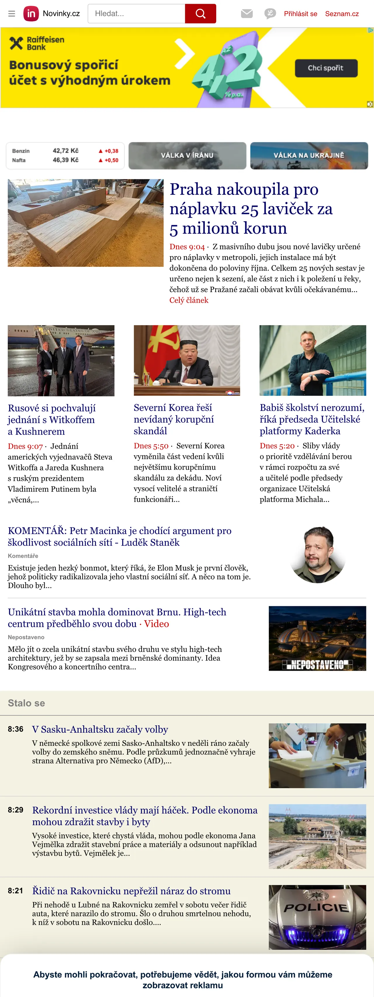 Screenshot of the Novinky.cz front page