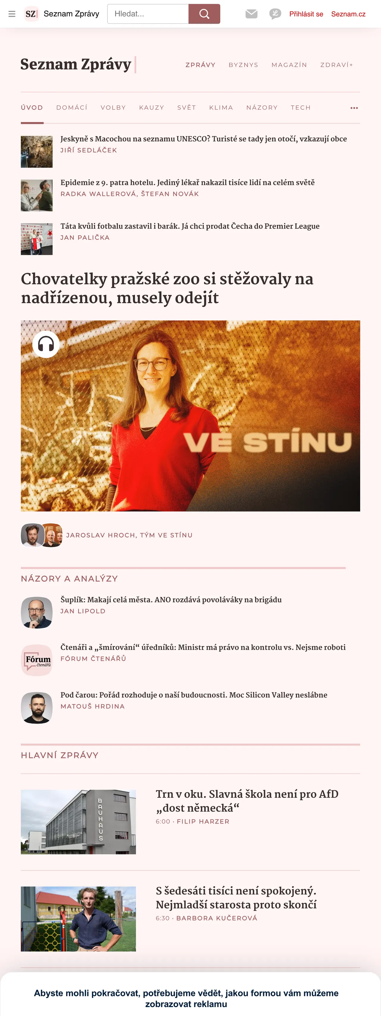 Screenshot of the Seznam Zprávy front page