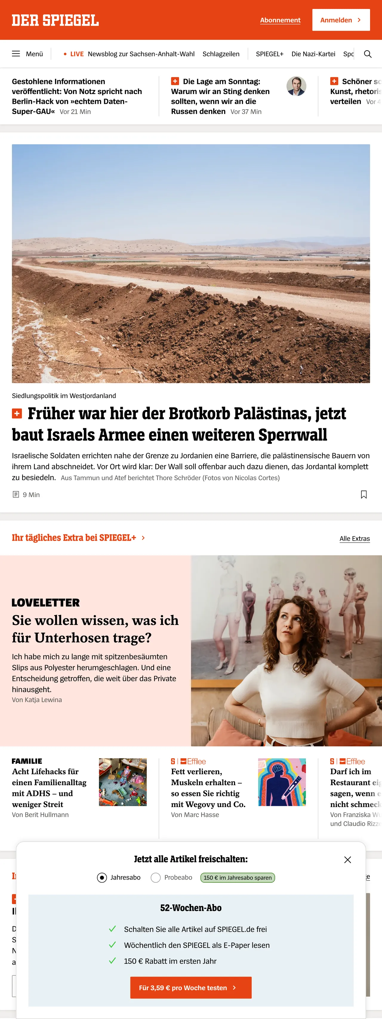 Screenshot of the DER SPIEGEL front page