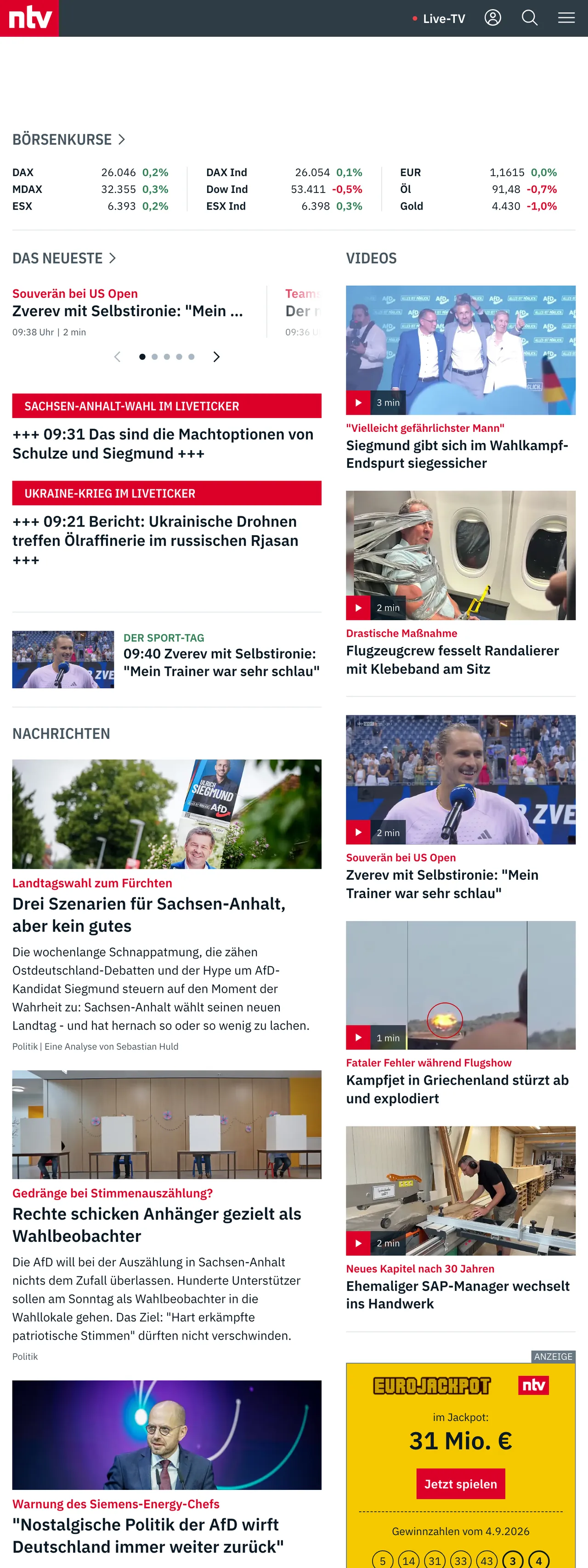Screenshot of the n-tv front page