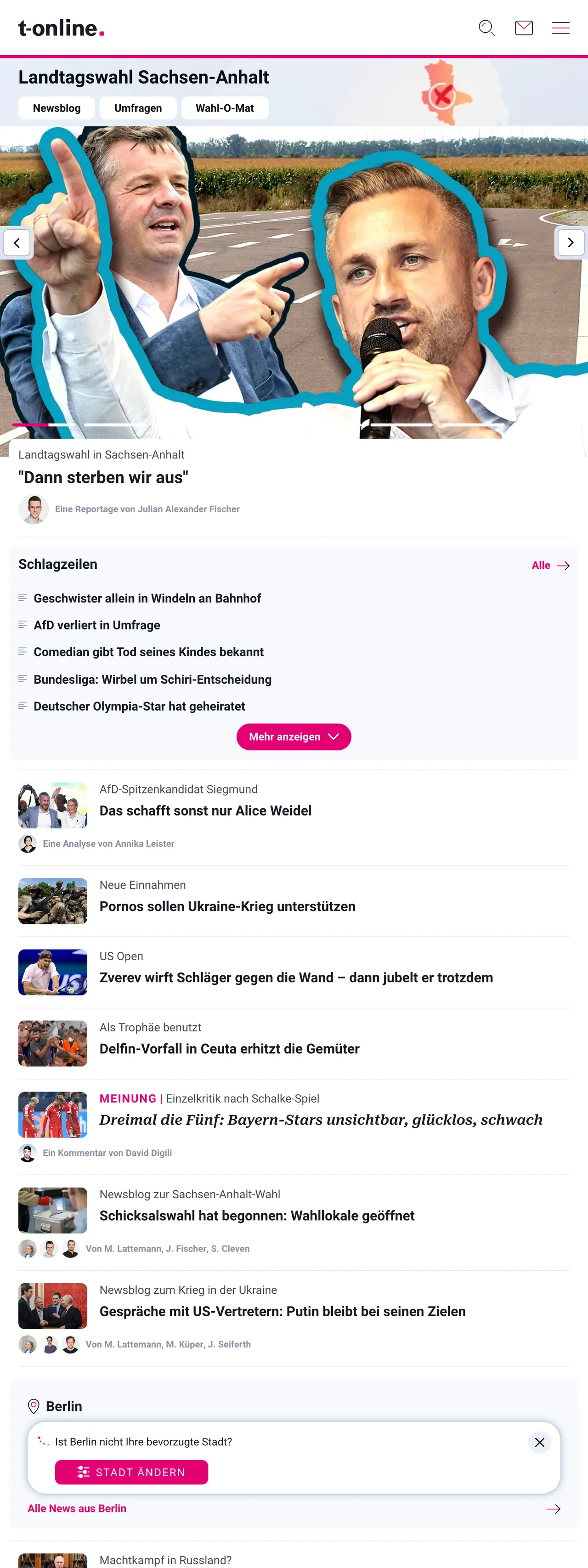 Screenshot of the t-online front page