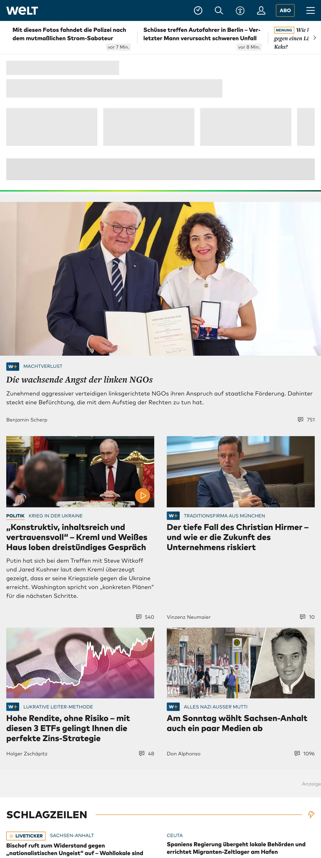 Screenshot of the WELT front page