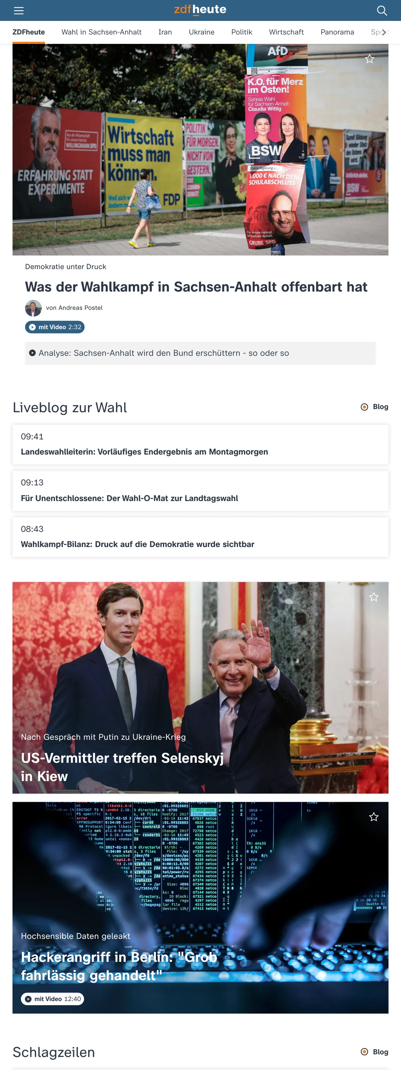 Screenshot of the ZDFheute front page