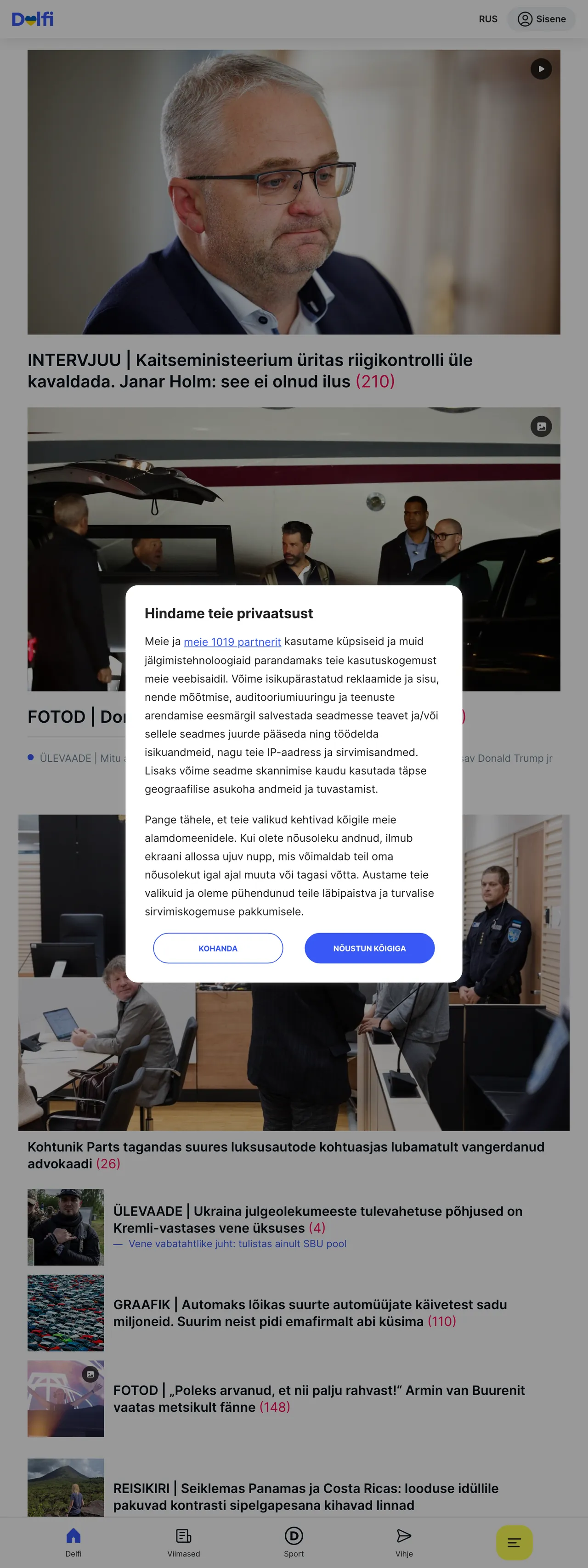 Screenshot of the Delfi front page