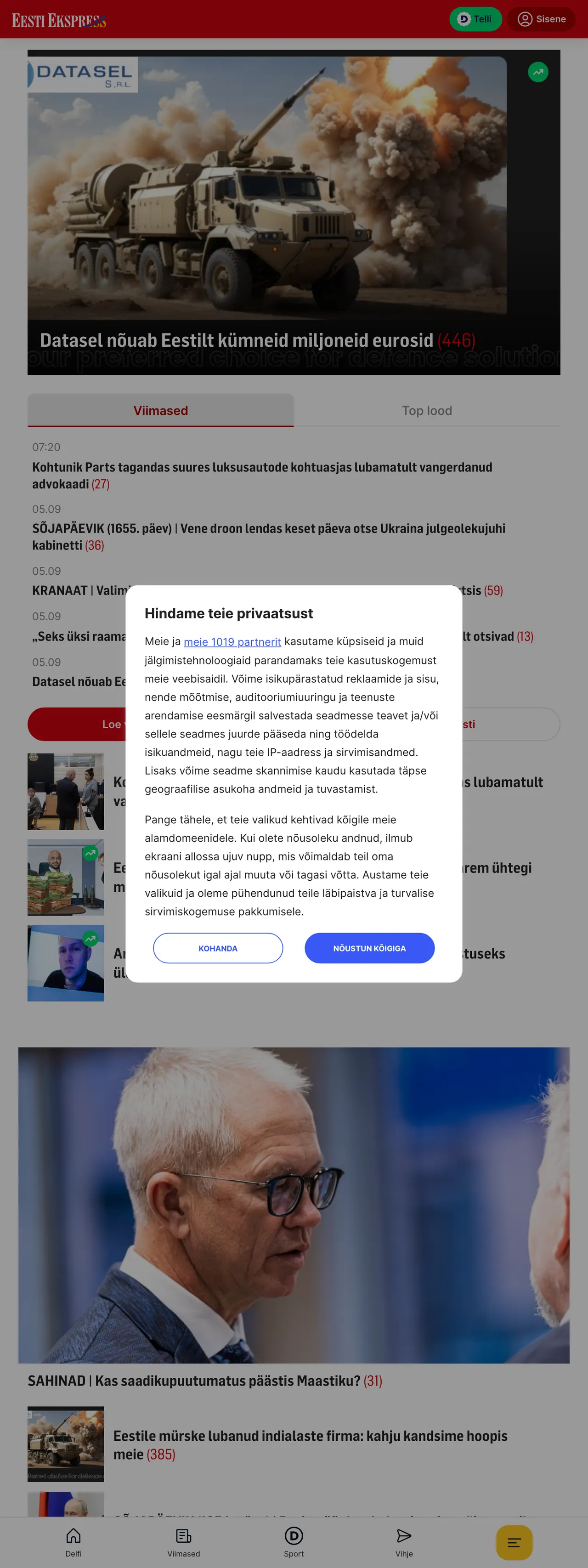 Screenshot of the Eesti Ekspress front page