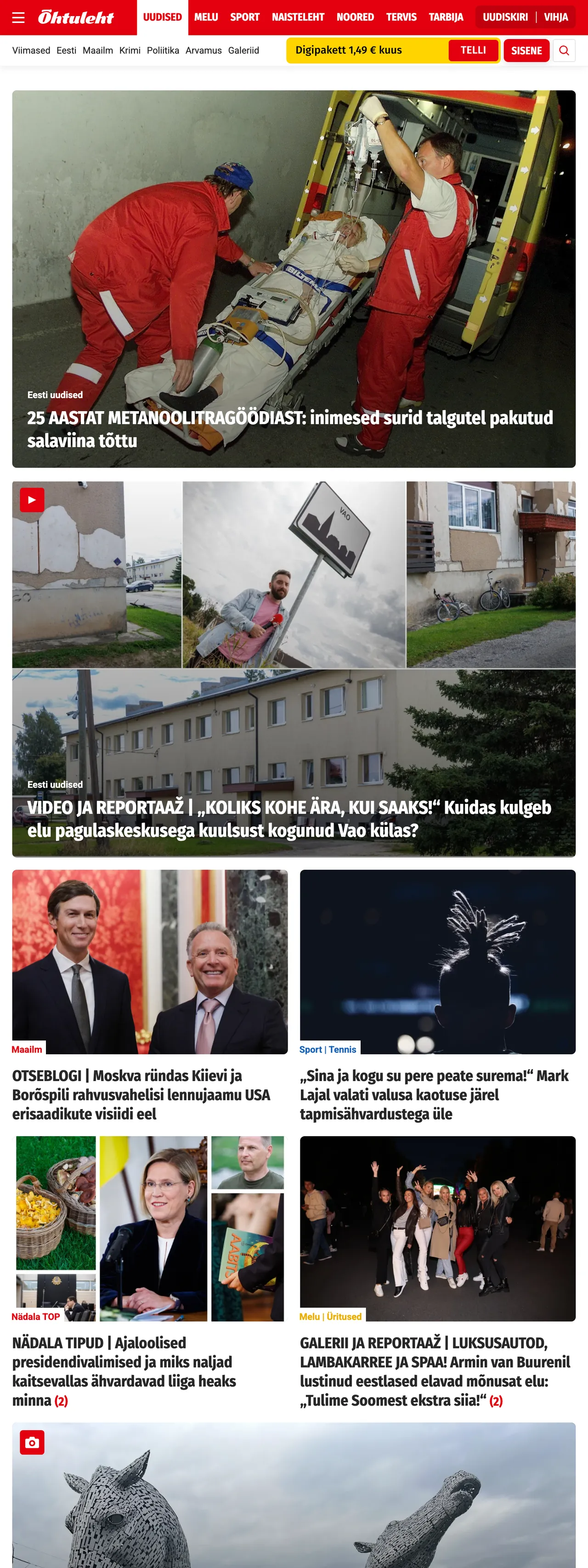 Screenshot of the Õhtuleht front page