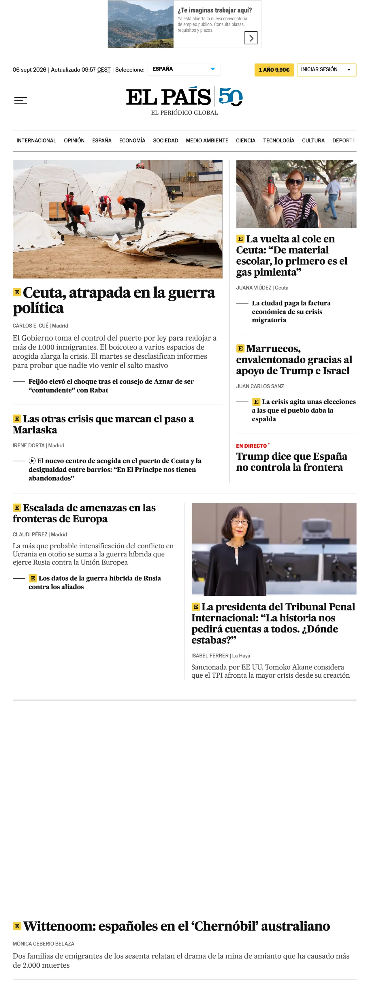 Screenshot of the EL PAÍS front page
