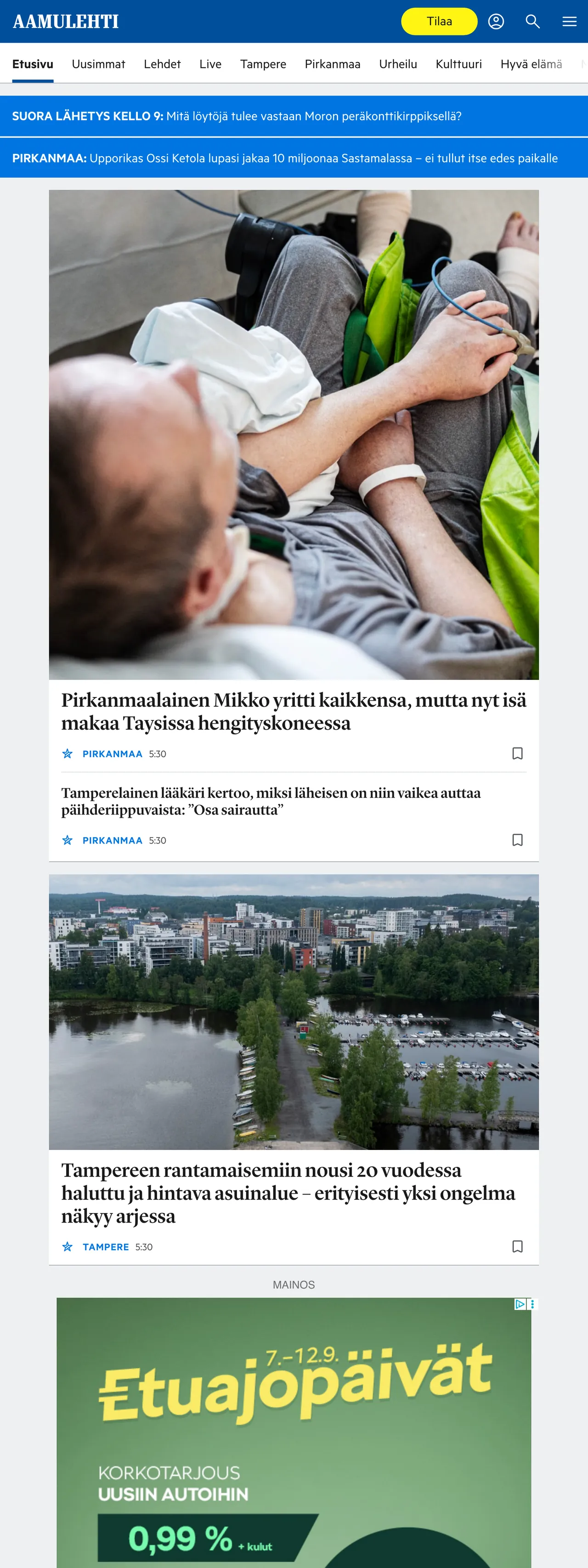 Screenshot of the Aamulehti front page