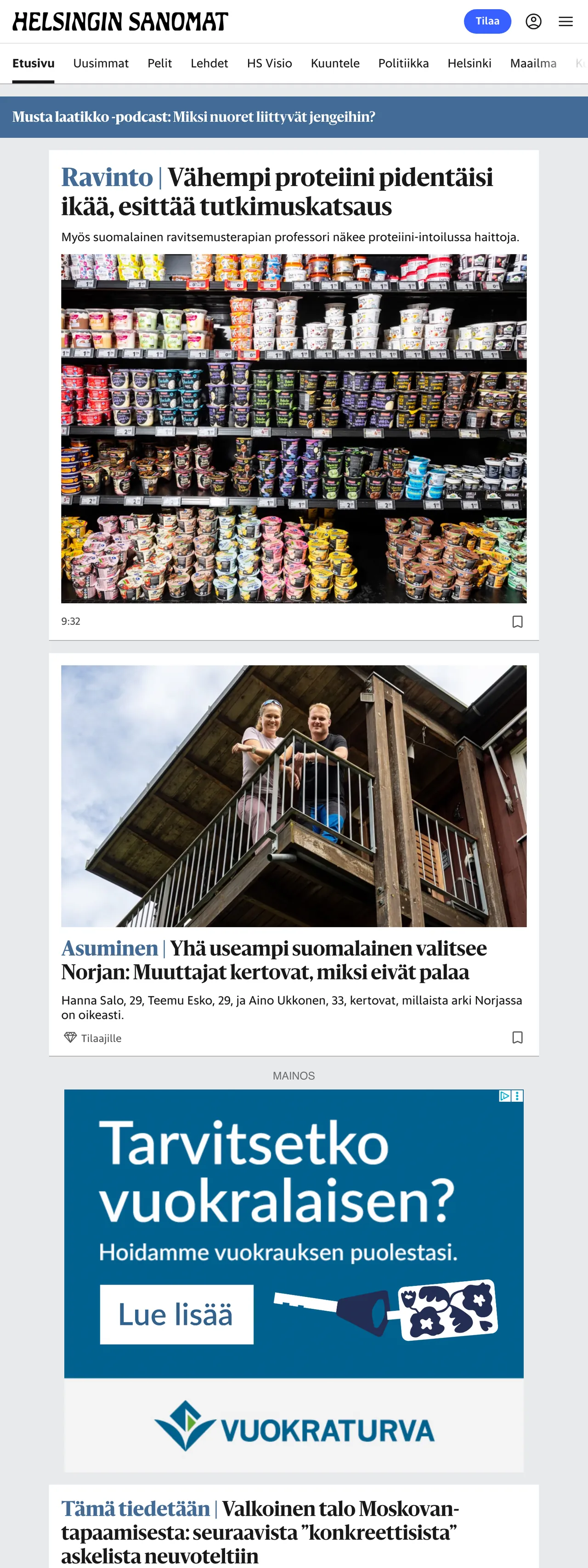 Screenshot of the Helsingin Sanomat front page