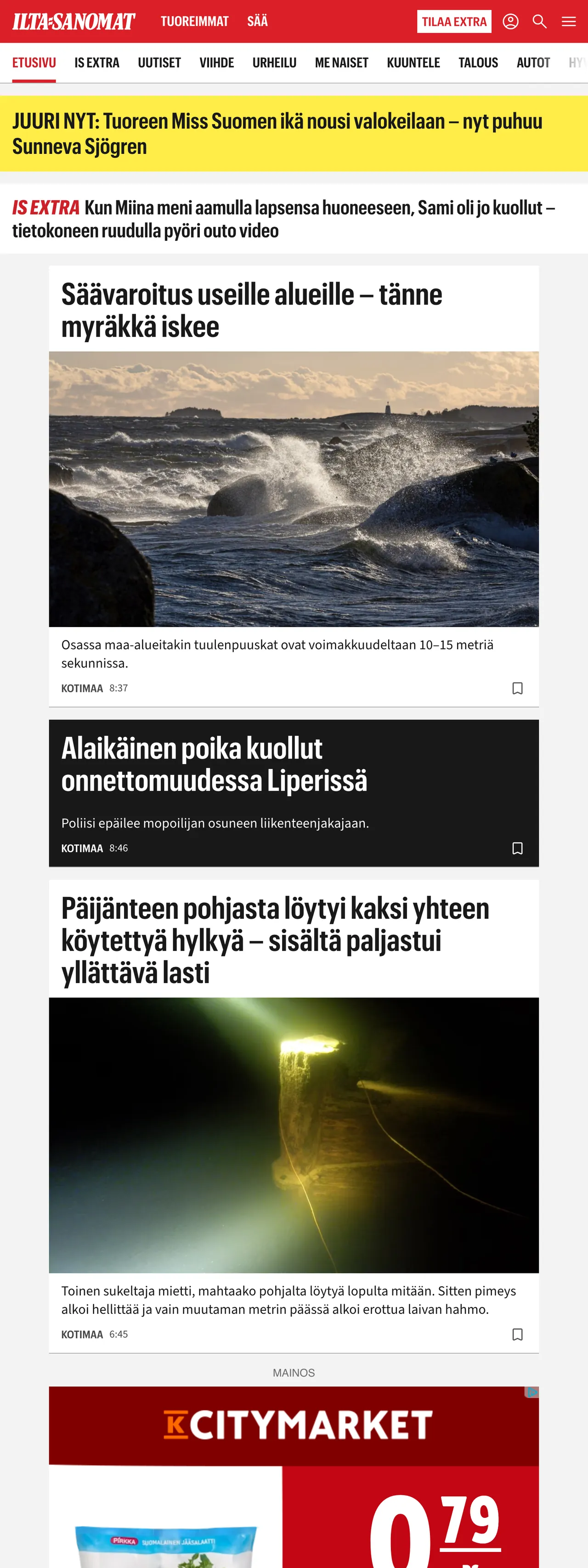 Screenshot of the Ilta-Sanomat front page