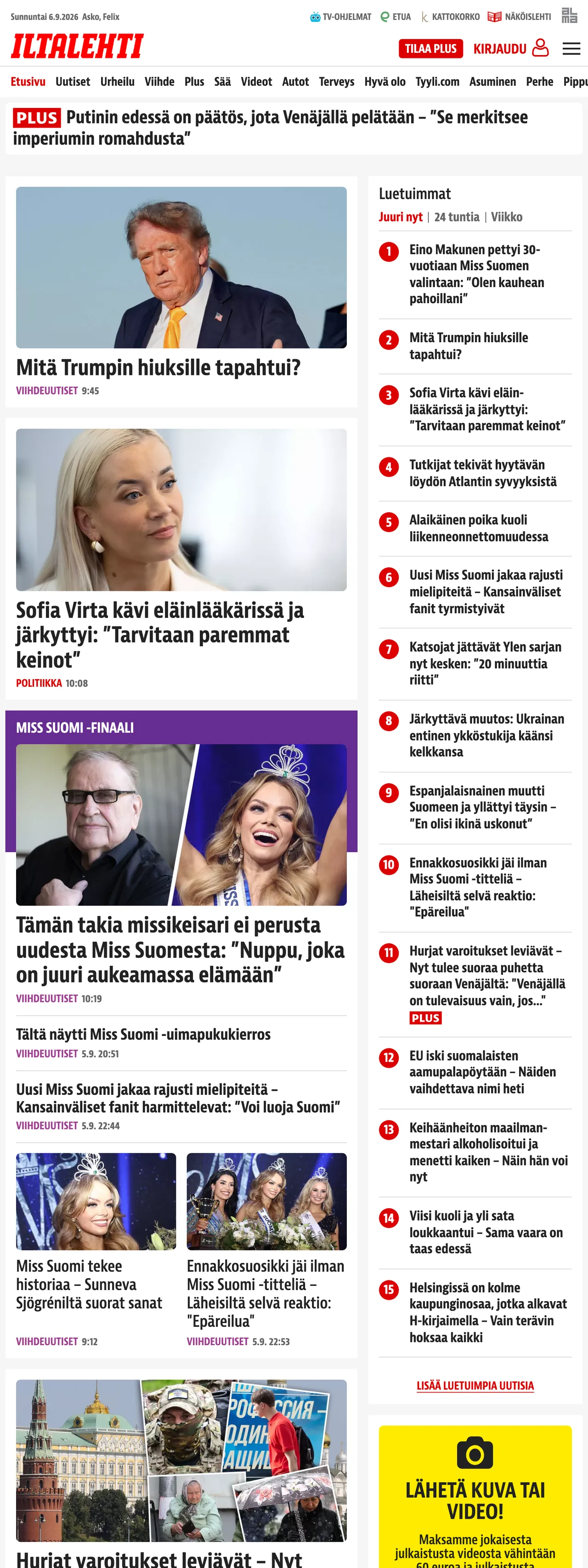 Screenshot of the Iltalehti front page