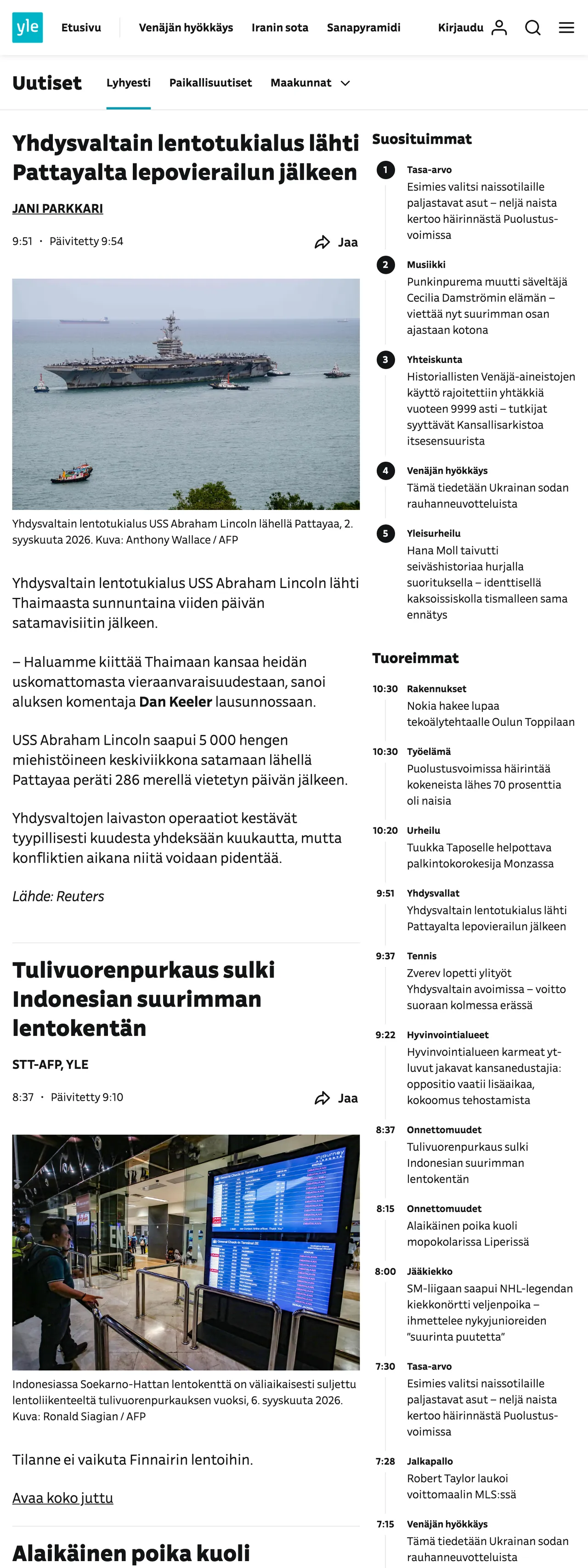 Screenshot of the Yle front page