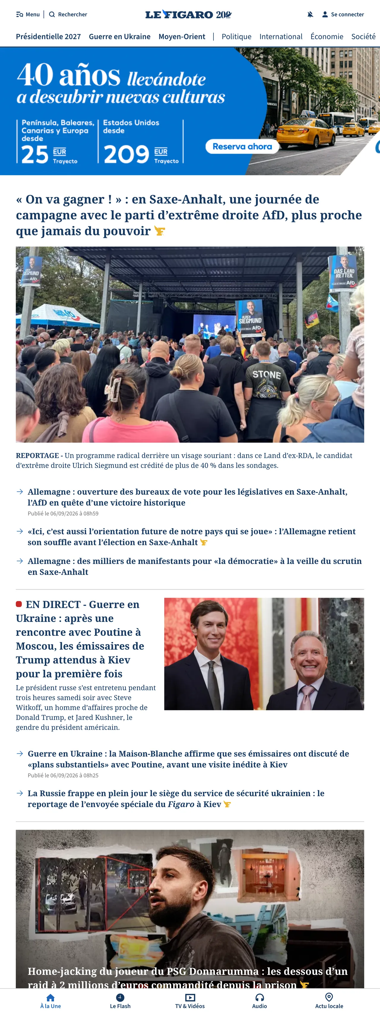 Screenshot of the Le Figaro front page