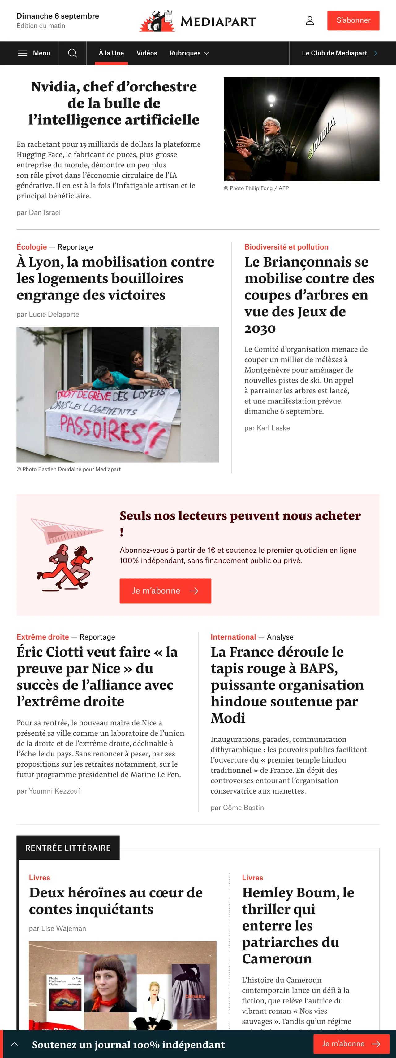 Screenshot of the Mediapart front page
