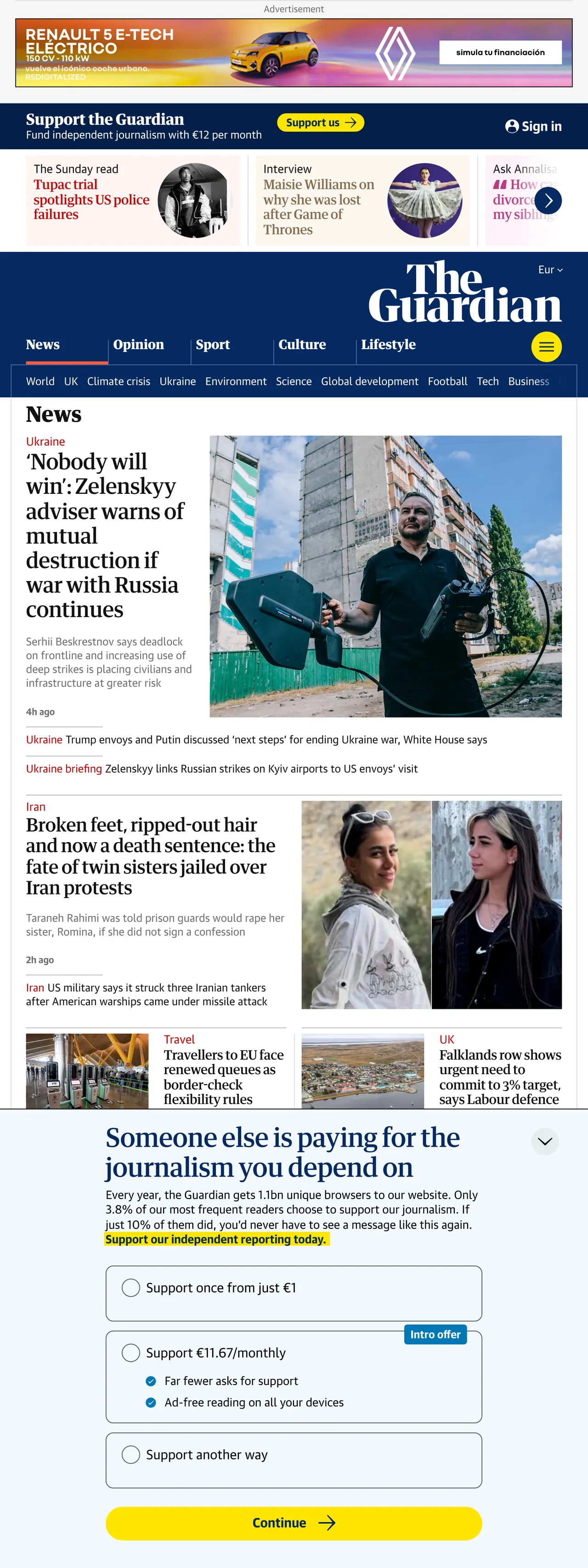 Screenshot of the The Guardian front page