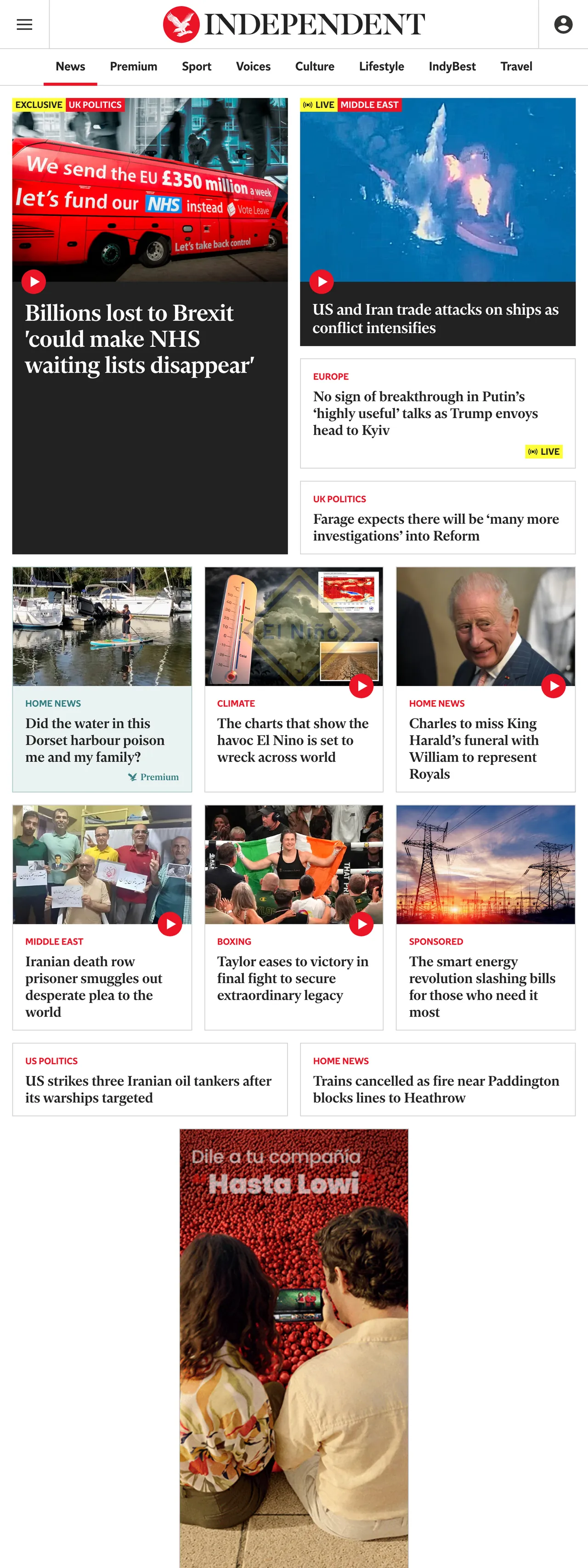 Screenshot of the The Independent front page