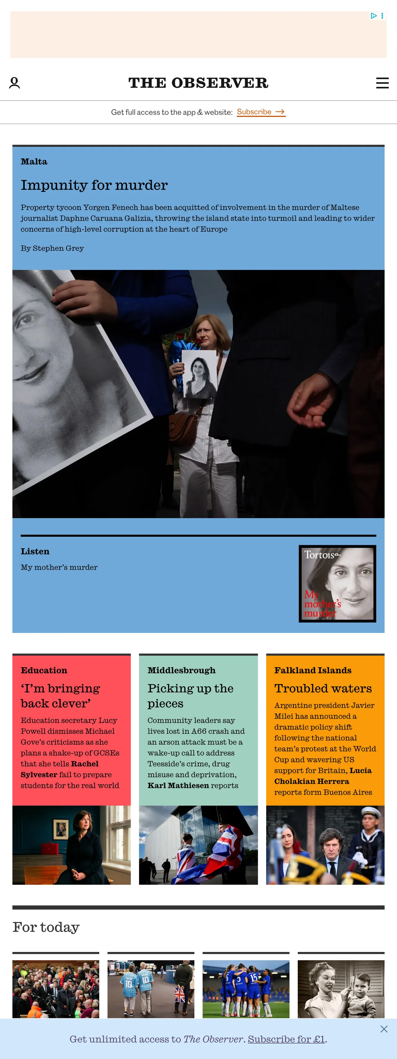 Screenshot of the The Observer front page