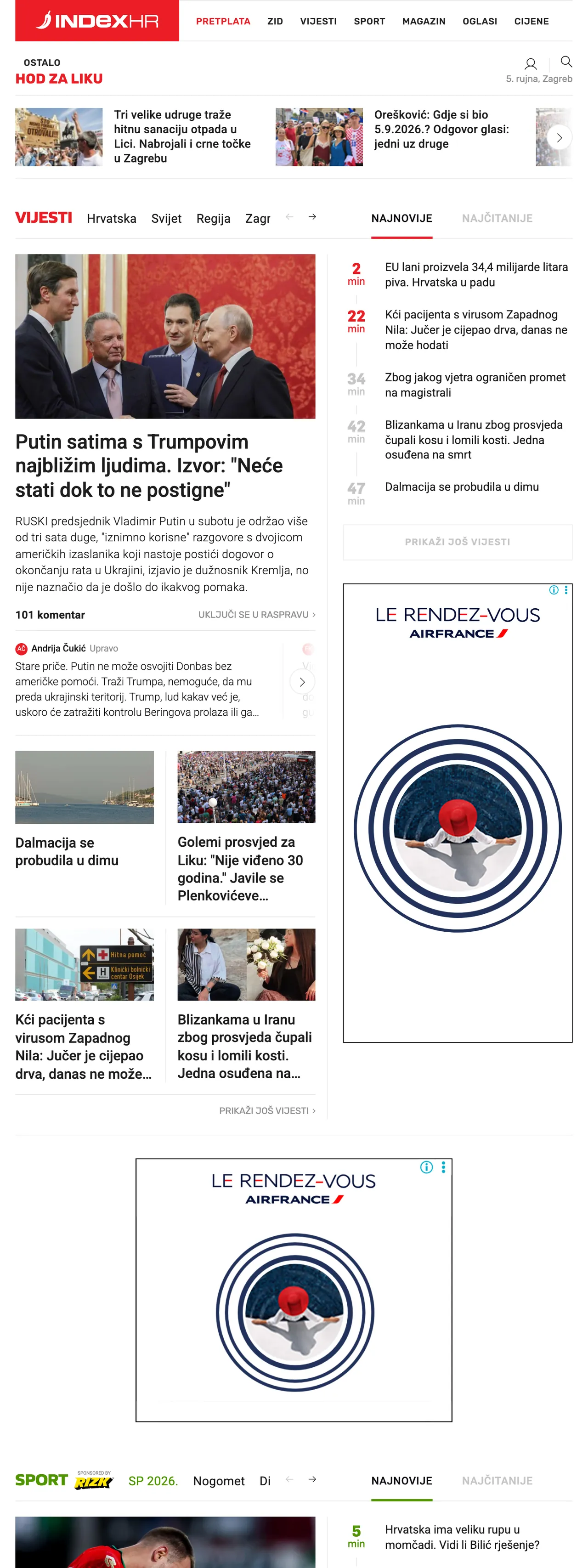 Screenshot of the Index.hr front page