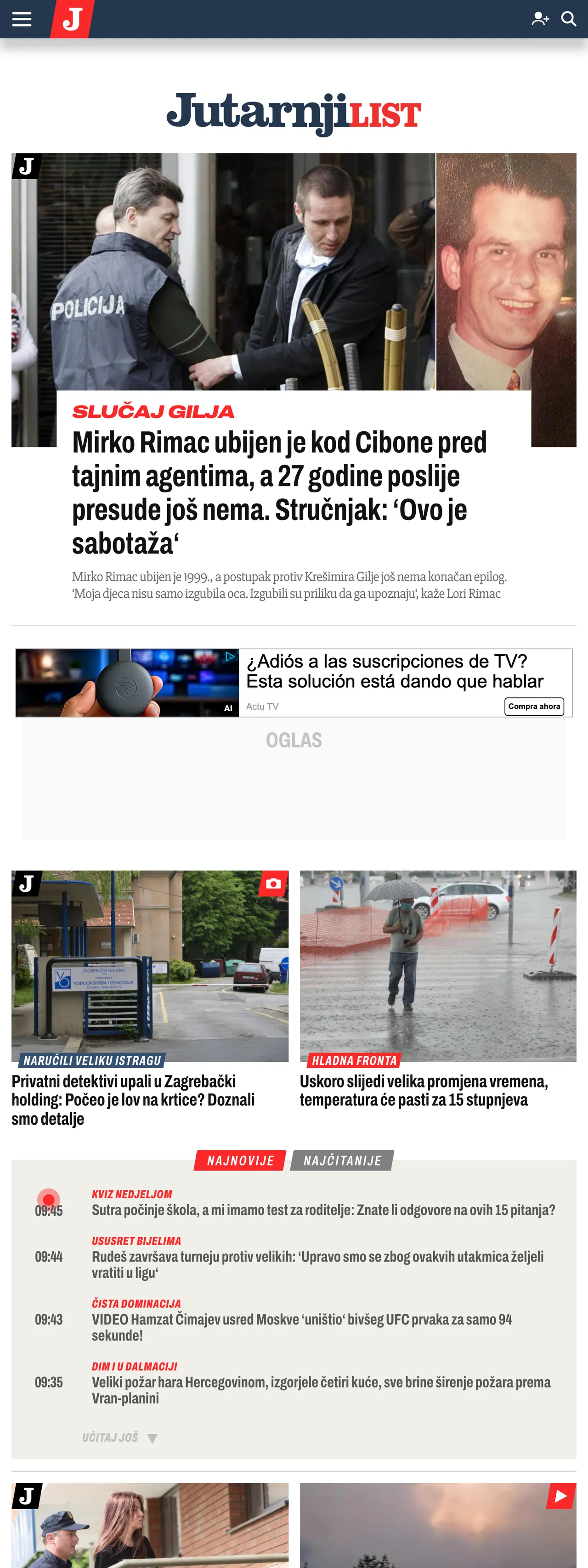 Screenshot of the Jutarnji list front page