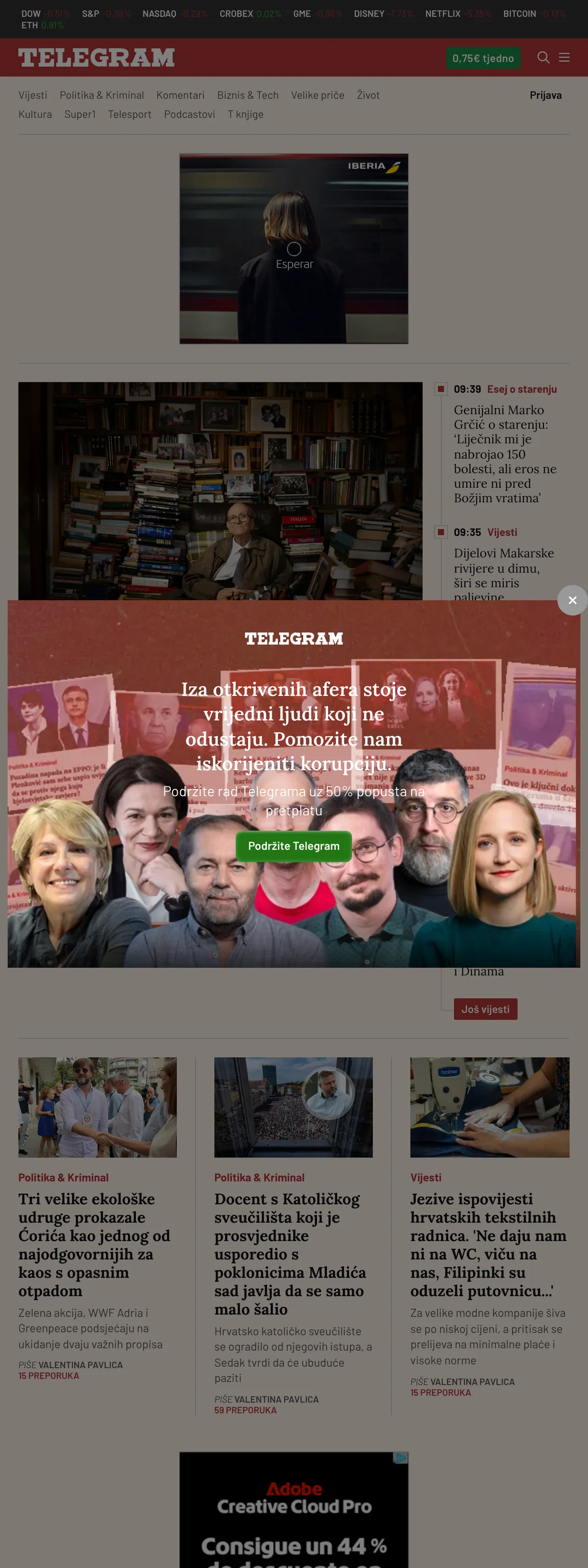 Screenshot of the Telegram.hr front page