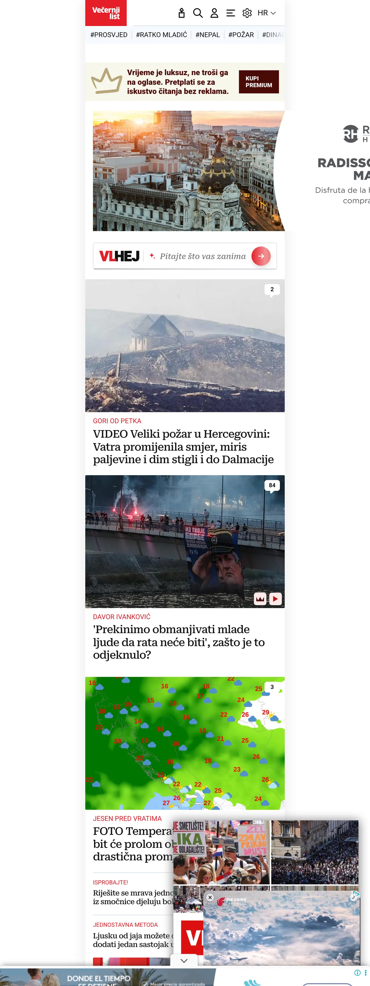Screenshot of the Večernji list front page